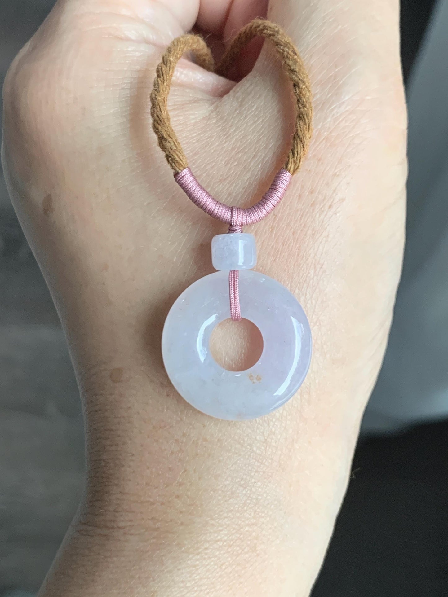 Natural Grade A Icy Translucent Jade Jadeite Ping An Kou Donut Pastel Blush Undertone Pendant Rope Necklace 18.5” 8g 天然冰粉底翡翠平安扣吊坠项链 FKM380