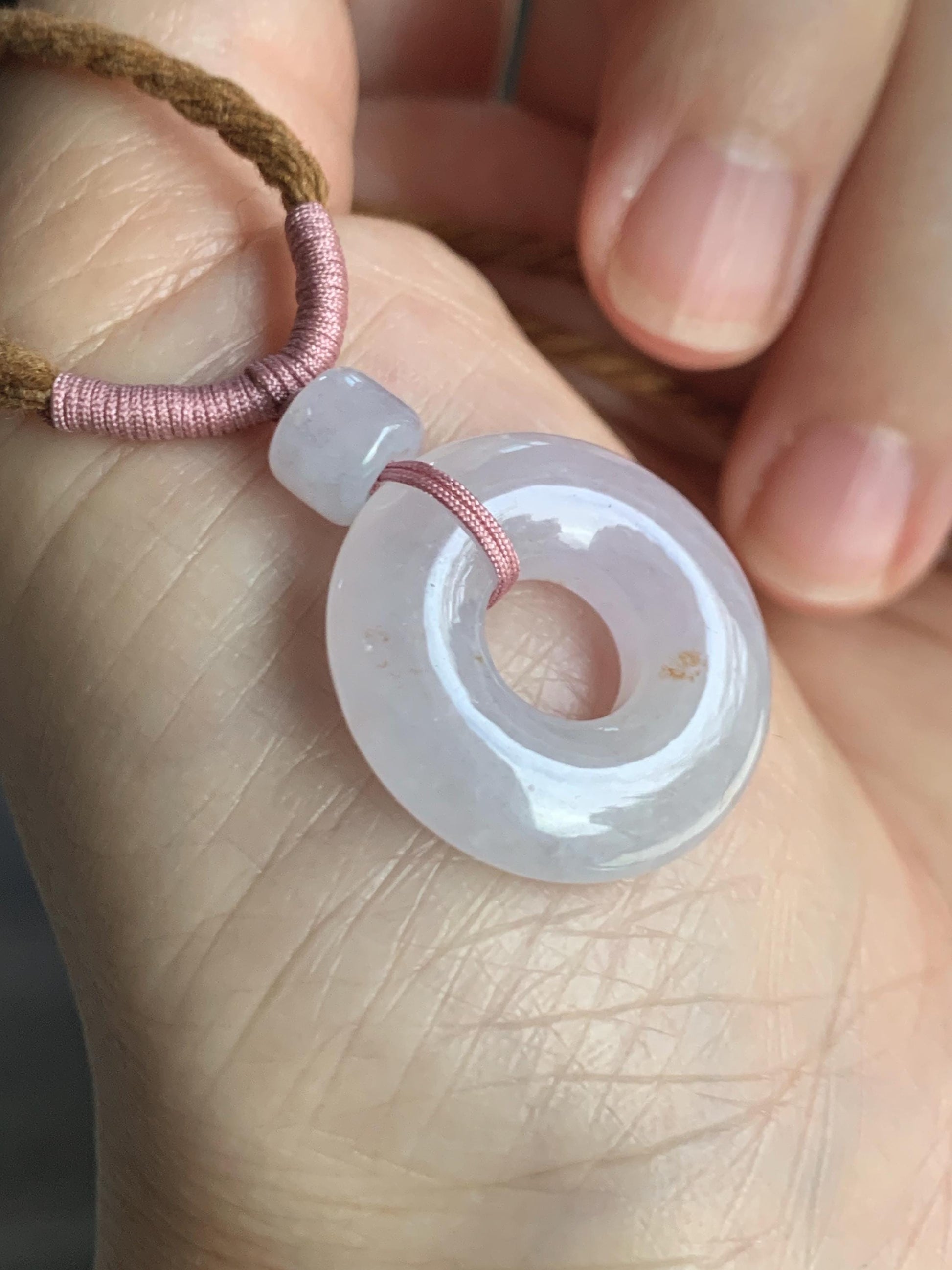 Natural Grade A Icy Translucent Jade Jadeite Ping An Kou Donut Pastel Blush Undertone Pendant Rope Necklace 18.5” 8g 天然冰粉底翡翠平安扣吊坠项链 FKM380