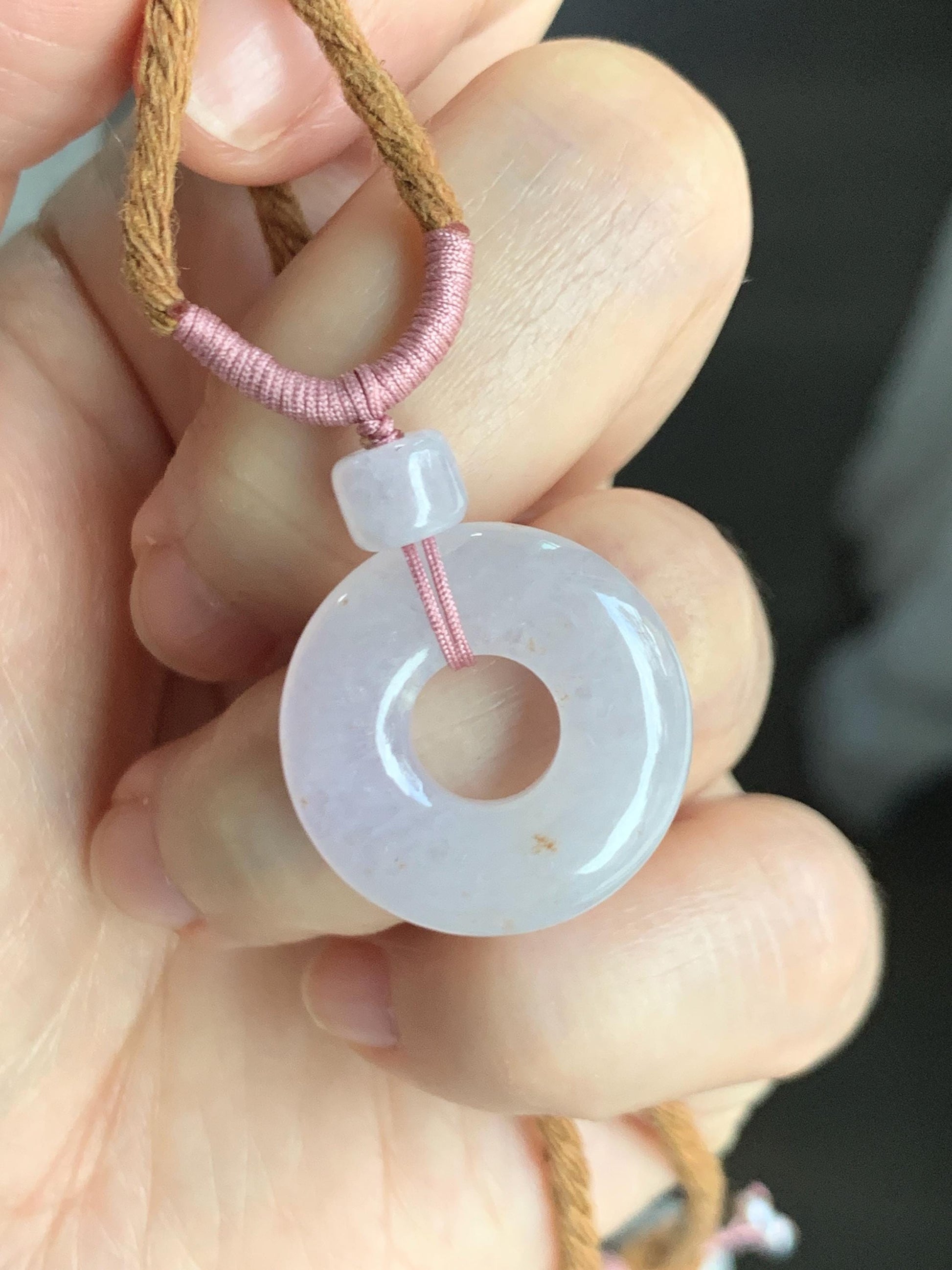 Natural Grade A Icy Translucent Jade Jadeite Ping An Kou Donut Pastel Blush Undertone Pendant Rope Necklace 18.5” 8g 天然冰粉底翡翠平安扣吊坠项链 FKM380
