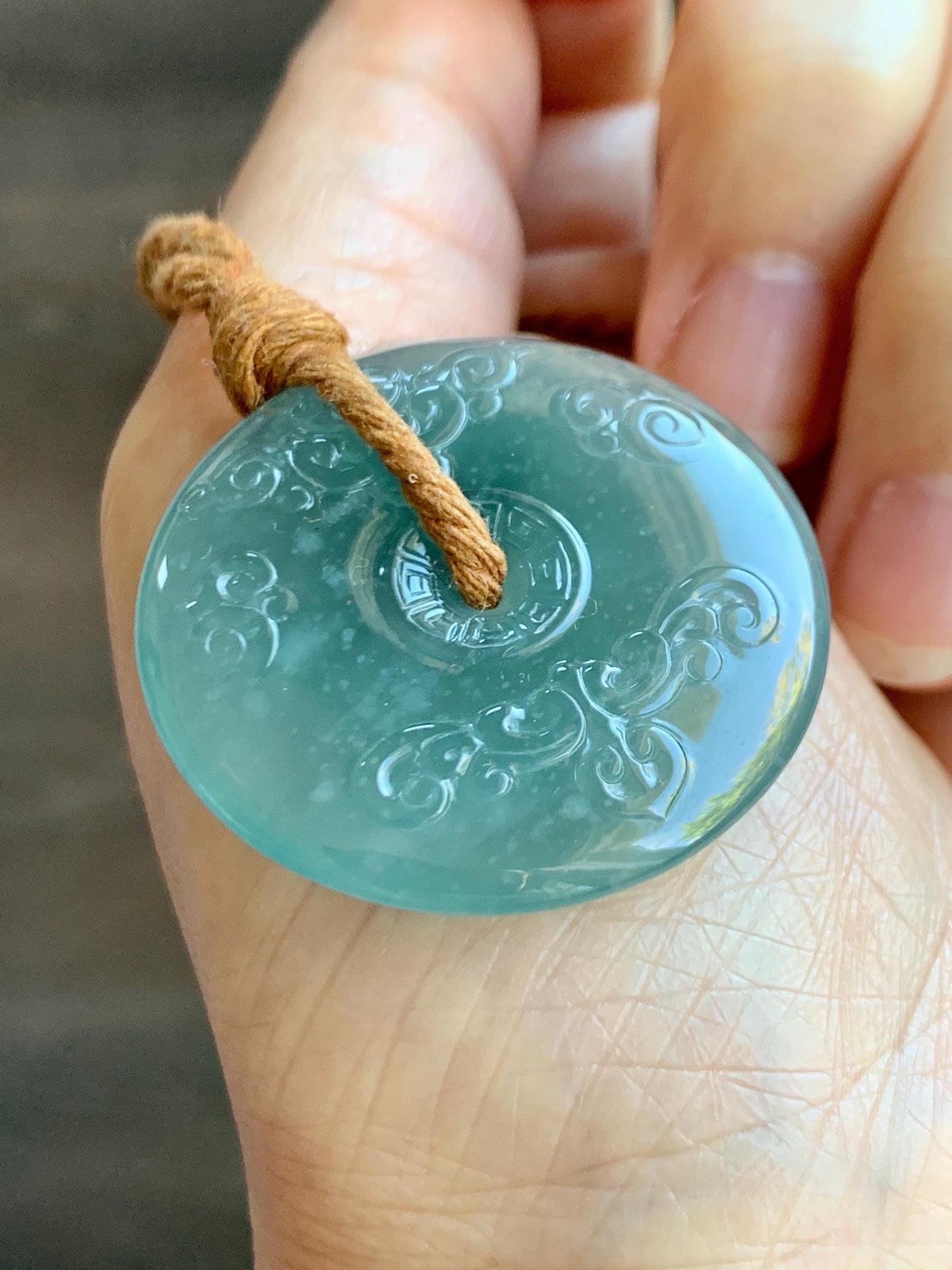 Natural Grade A Guatemalan Icy Dark Teal Green Jade Jadeite Engraved Ping An Kou Donut Pendant Rope Necklace 28” 15g 天然冰危蓝绿翡翠仿古平安扣项链 FGK272