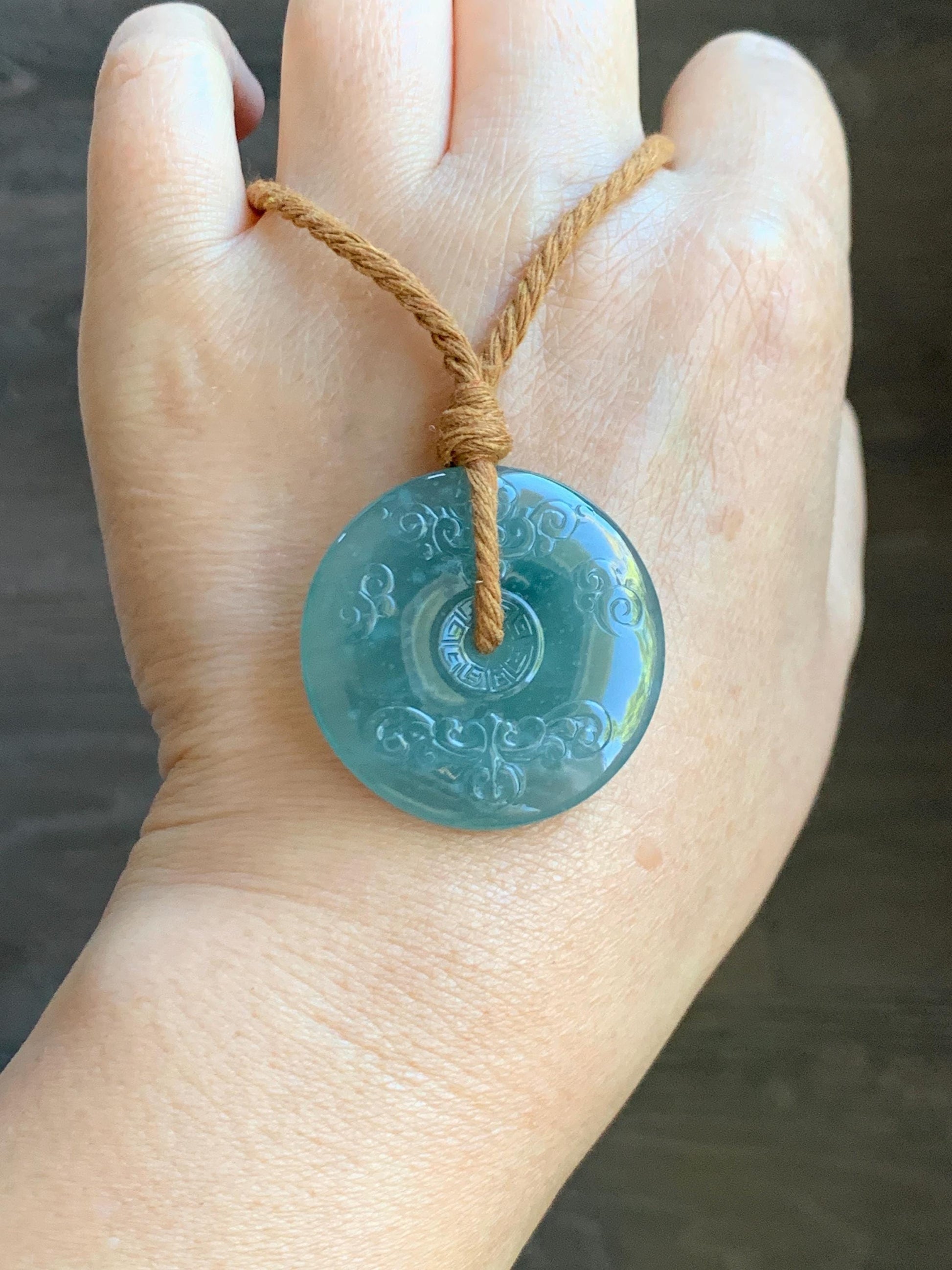 Natural Grade A Guatemalan Icy Dark Teal Green Jade Jadeite Engraved Ping An Kou Donut Pendant Rope Necklace 28” 15g 天然冰危蓝绿翡翠仿古平安扣项链 FGK272