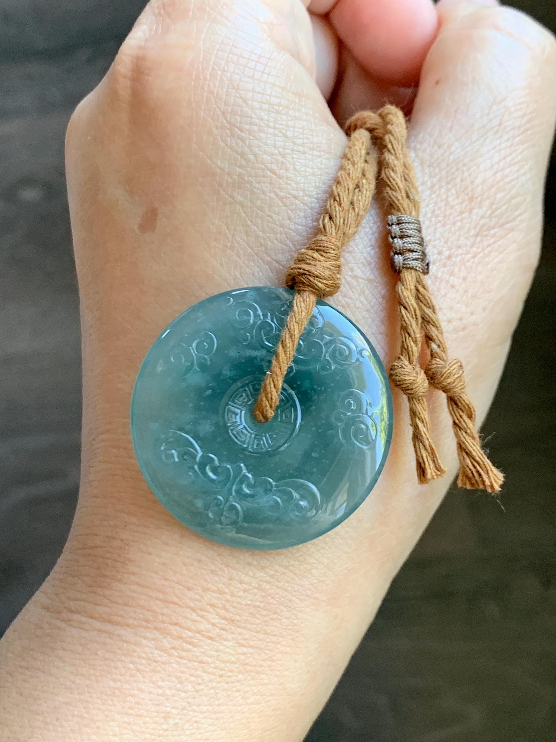 Natural Grade A Guatemalan Icy Dark Teal Green Jade Jadeite Engraved Ping An Kou Donut Pendant Rope Necklace 28” 15g 天然冰危蓝绿翡翠仿古平安扣项链 FGK272