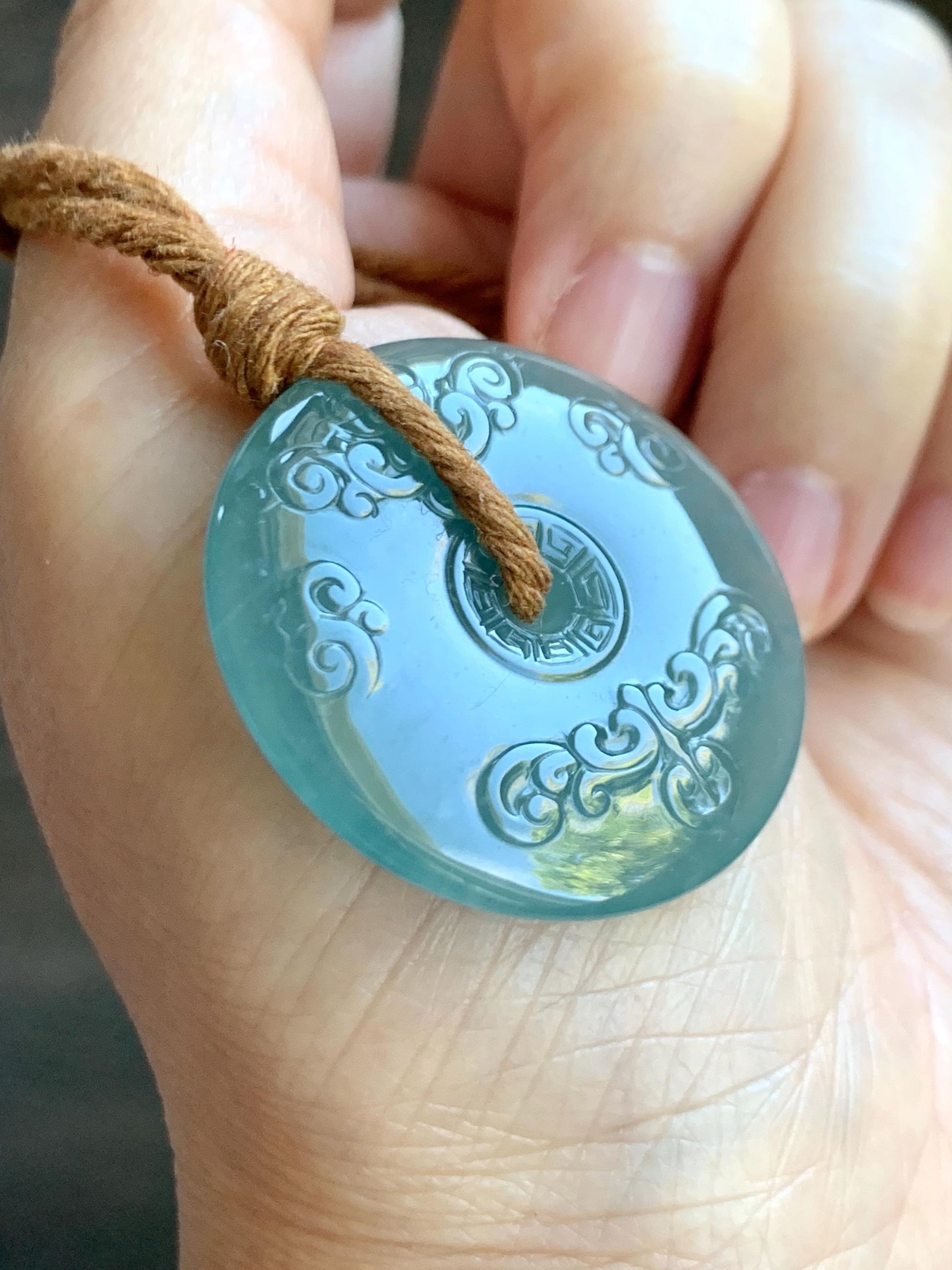Natural Grade A Guatemalan Icy Dark Teal Green Jade Jadeite Engraved Ping An Kou Donut Pendant Rope Necklace 28” 15g 天然冰危蓝绿翡翠仿古平安扣项链 FGK272