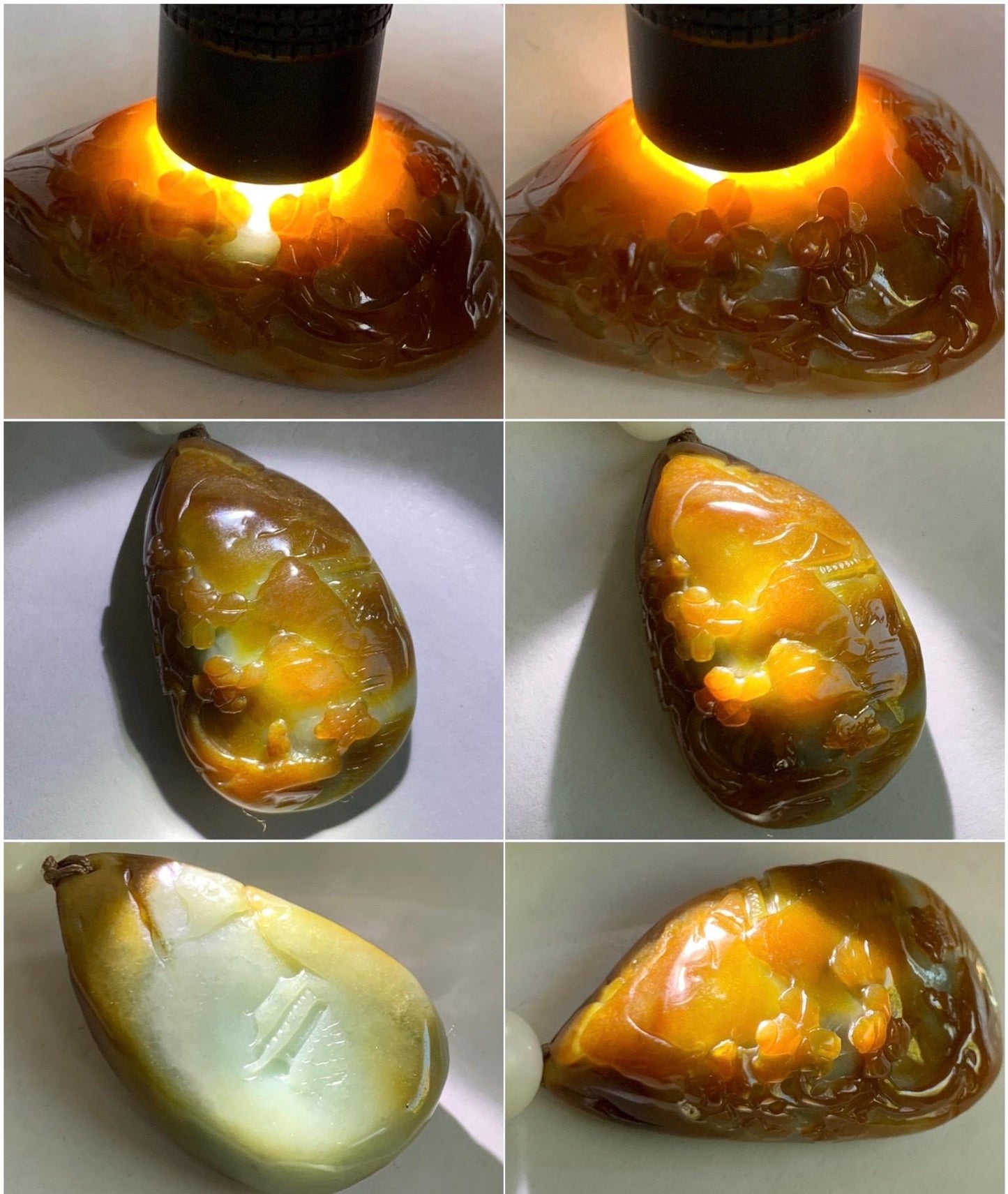 Natural Grade A Icy Intense Yellow Caramel Jade Jadeite Engraved Shan Shui Landscape Teardrop Pendant Rope Necklace 26” 天然鸡油黄翡翠山水牌吊坠 YHS220