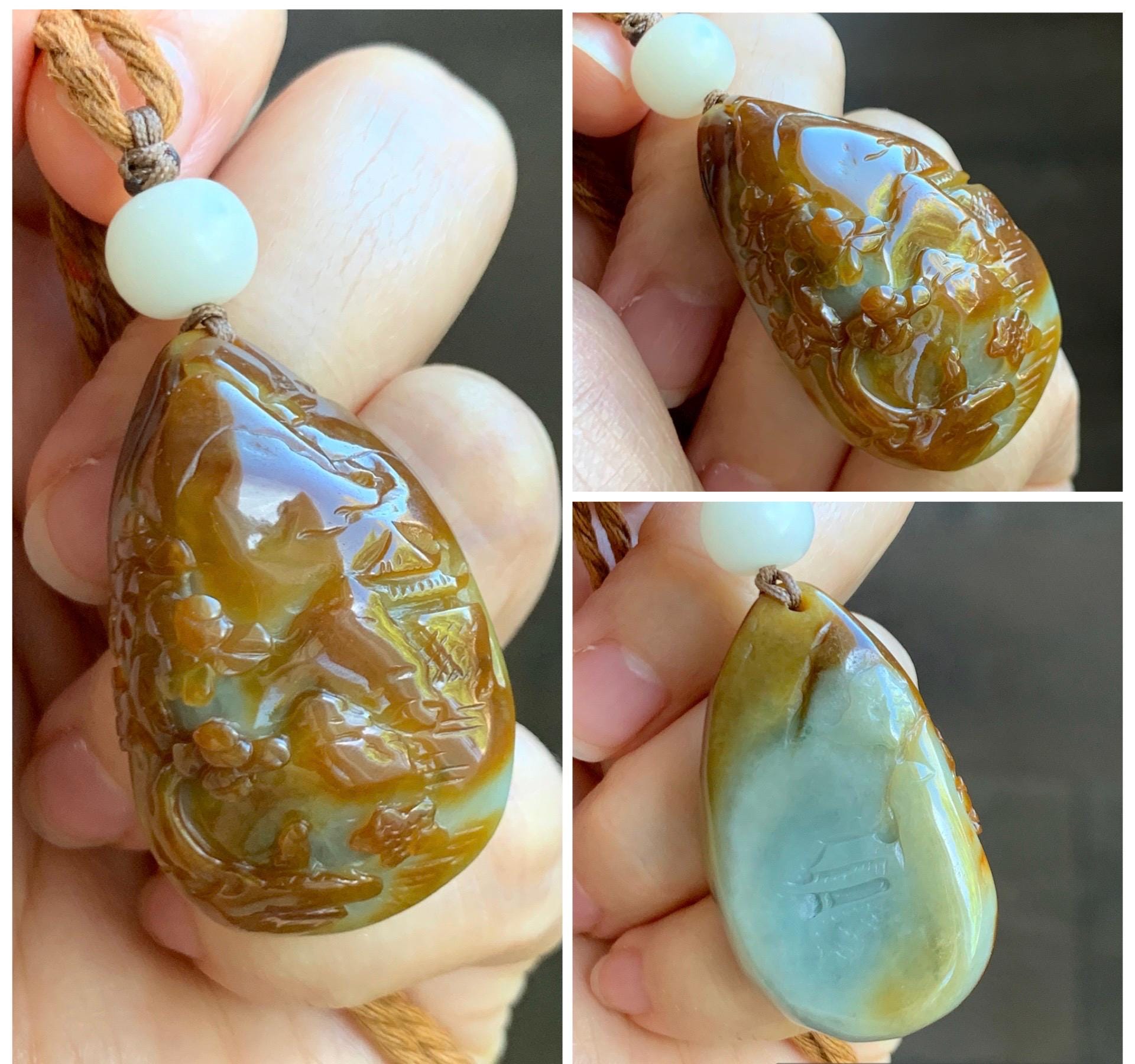 Natural Grade A Icy Intense Yellow Caramel Jade Jadeite Engraved Shan Shui Landscape Teardrop Pendant Rope Necklace 26” 天然鸡油黄翡翠山水牌吊坠 YHS220