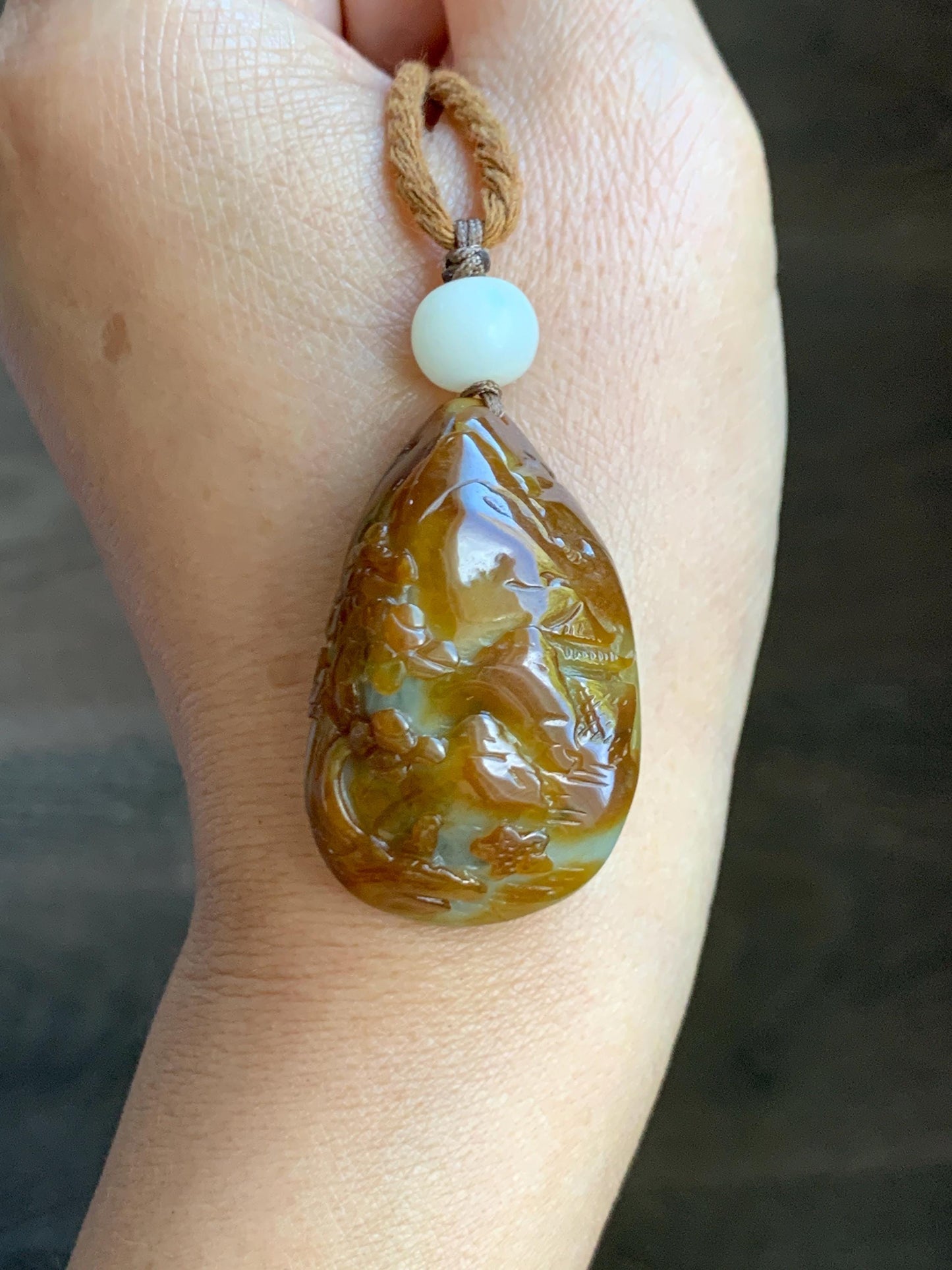 Natural Grade A Icy Intense Yellow Caramel Jade Jadeite Engraved Shan Shui Landscape Teardrop Pendant Rope Necklace 26” 天然鸡油黄翡翠山水牌吊坠 YHS220
