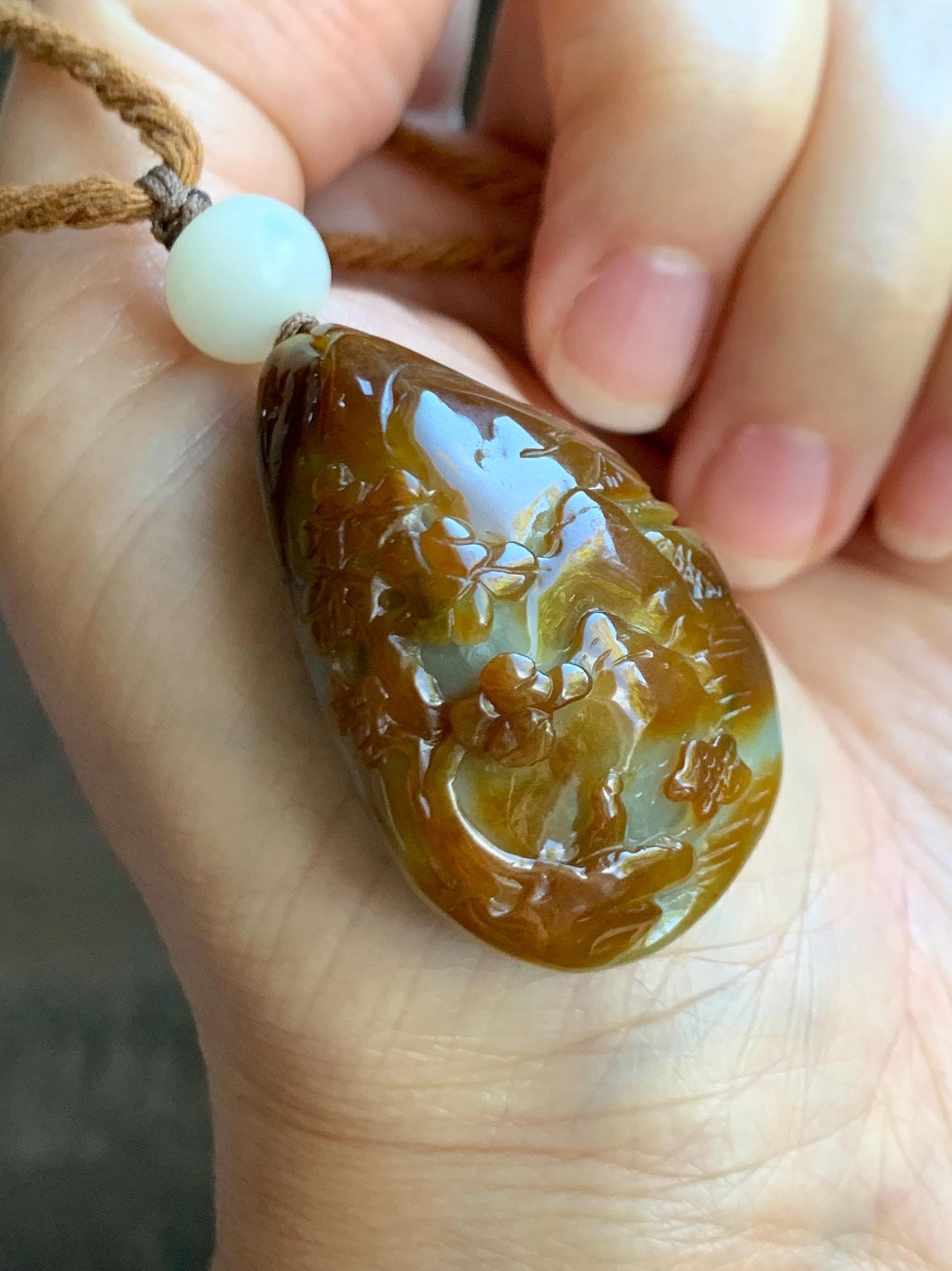 Natural Grade A Icy Intense Yellow Caramel Jade Jadeite Engraved Shan Shui Landscape Teardrop Pendant Rope Necklace 26” 天然鸡油黄翡翠山水牌吊坠 YHS220