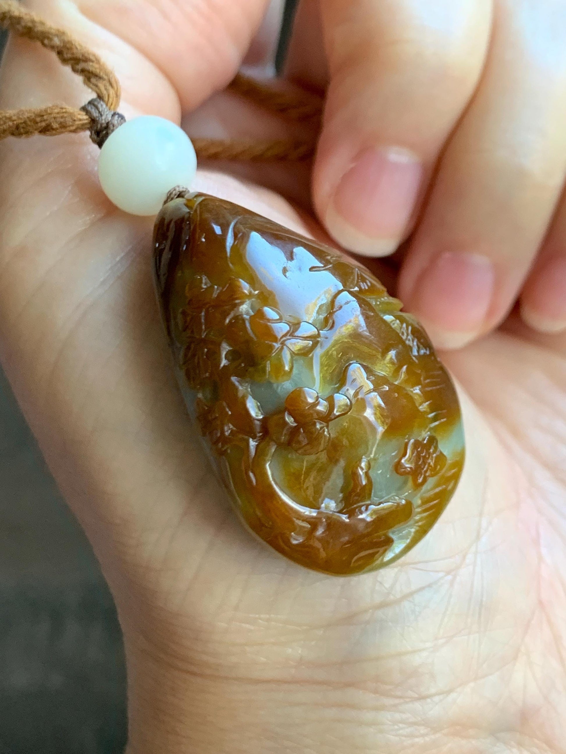 Natural Grade A Icy Intense Yellow Caramel Jade Jadeite Engraved Shan Shui Landscape Teardrop Pendant Rope Necklace 26” 天然鸡油黄翡翠山水牌吊坠 YHS220