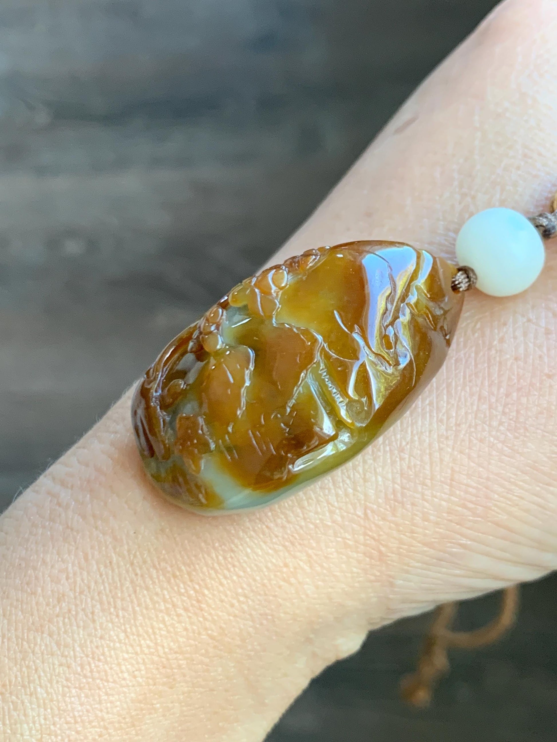 Natural Grade A Icy Intense Yellow Caramel Jade Jadeite Engraved Shan Shui Landscape Teardrop Pendant Rope Necklace 26” 天然鸡油黄翡翠山水牌吊坠 YHS220