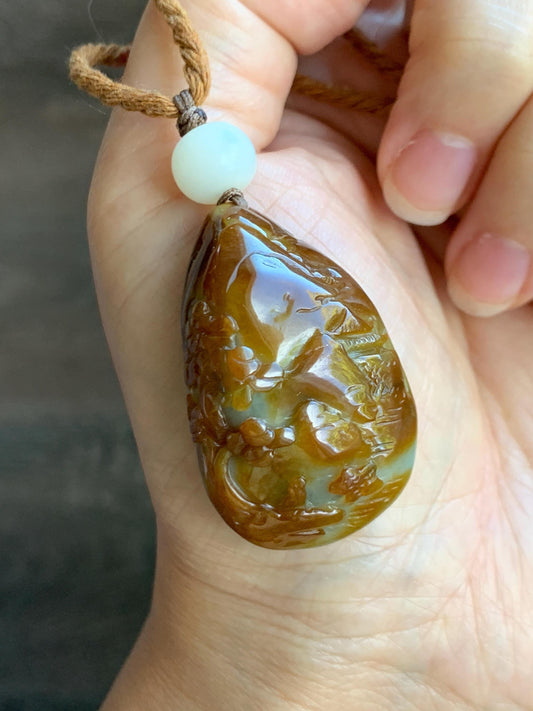Natural Grade A Icy Intense Yellow Caramel Jade Jadeite Engraved Shan Shui Landscape Teardrop Pendant Rope Necklace 26” 天然鸡油黄翡翠山水牌吊坠 YHS220