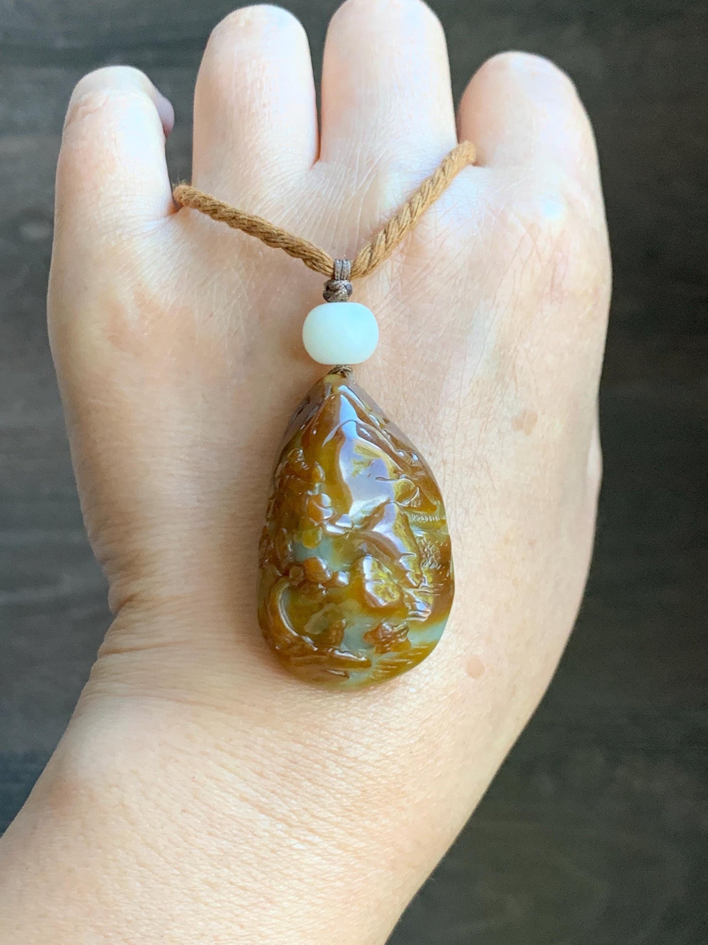 Natural Grade A Icy Intense Yellow Caramel Jade Jadeite Engraved Shan Shui Landscape Teardrop Pendant Rope Necklace 26” 天然鸡油黄翡翠山水牌吊坠 YHS220