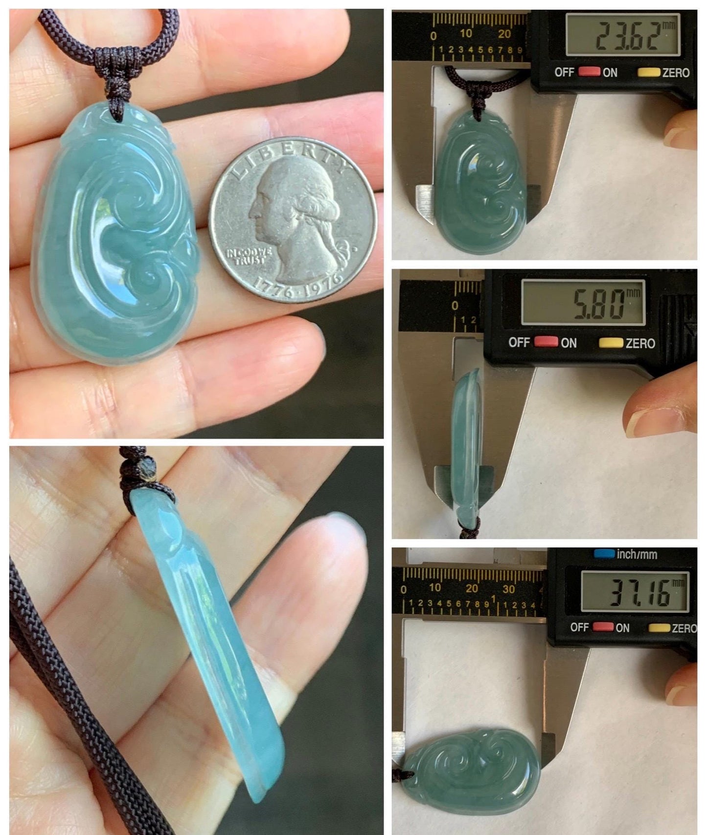 Natural Grade A Guatemalan Icy Translucent Teal Jade Jadeite Large Ruyi Pendant Rope Necklace 24" Adjustable 11g 天然冰危蓝绿翡翠如意吊坠 DRY330A