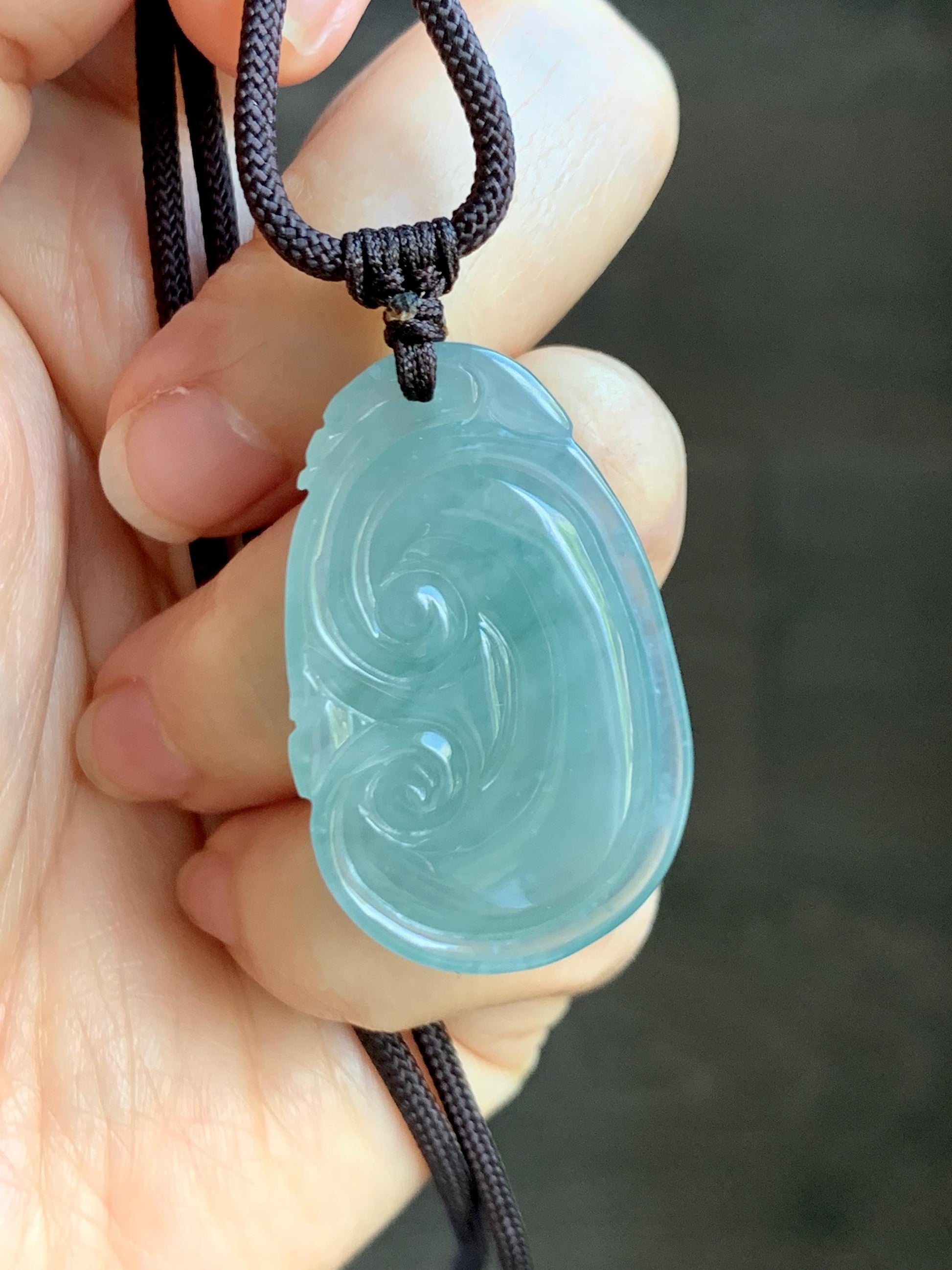 Natural Grade A Guatemalan Icy Translucent Teal Jade Jadeite Large Ruyi Pendant Rope Necklace 24" Adjustable 11g 天然冰危蓝绿翡翠如意吊坠 DRY330A