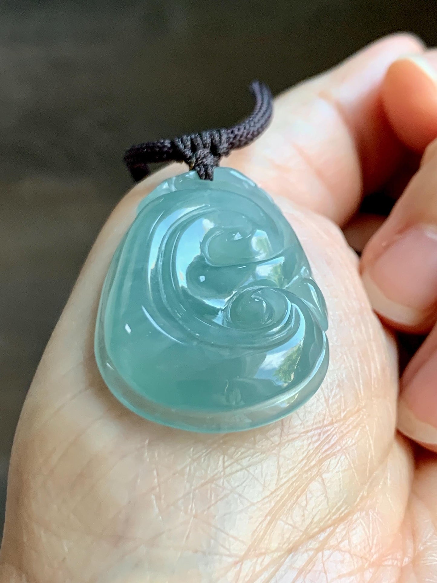 Natural Grade A Guatemalan Icy Translucent Teal Jade Jadeite Large Ruyi Pendant Rope Necklace 24" Adjustable 11g 天然冰危蓝绿翡翠如意吊坠 DRY330A