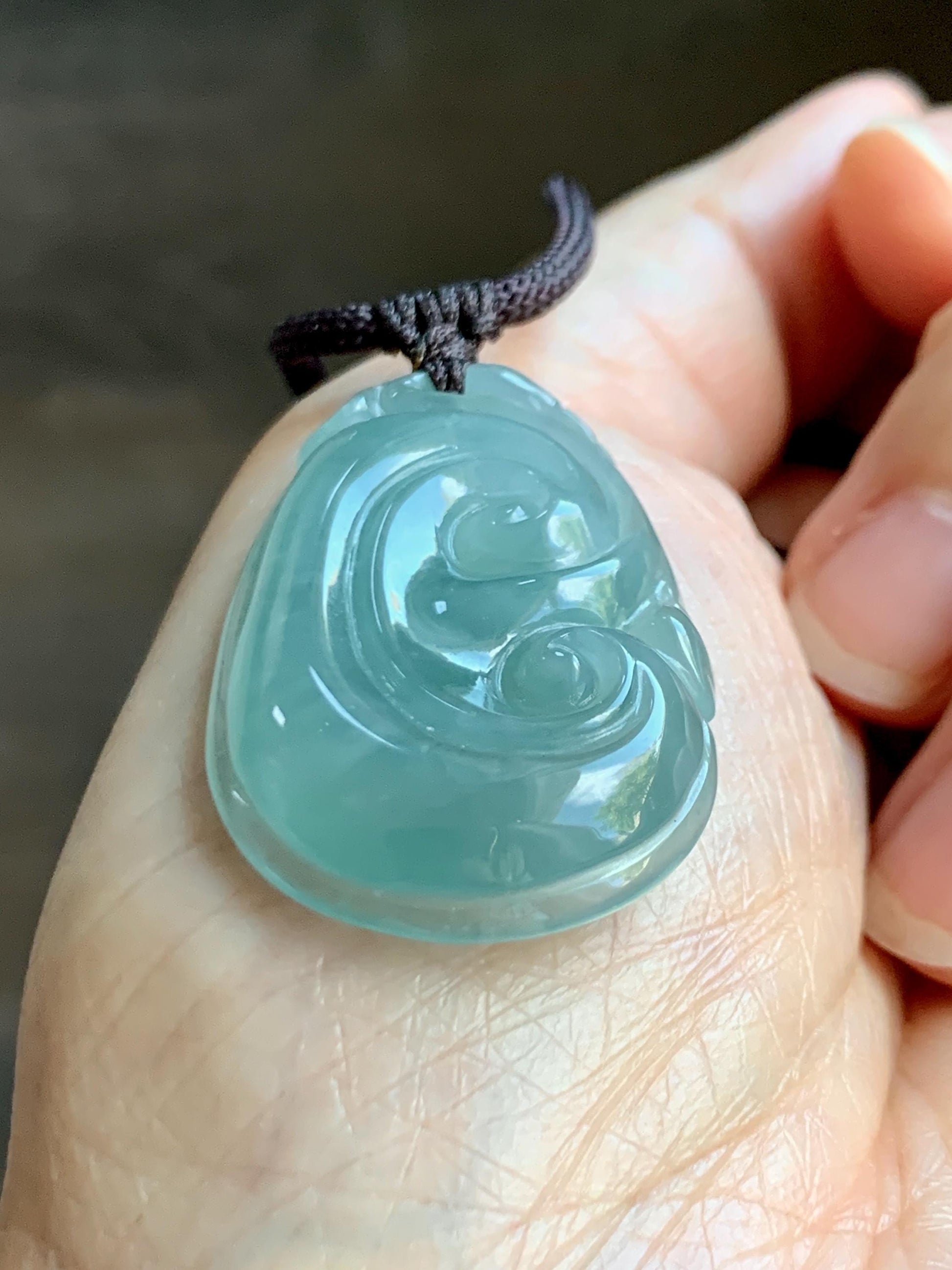 Natural Grade A Guatemalan Icy Translucent Teal Jade Jadeite Large Ruyi Pendant Rope Necklace 24" Adjustable 11g 天然冰危蓝绿翡翠如意吊坠 DRY330A