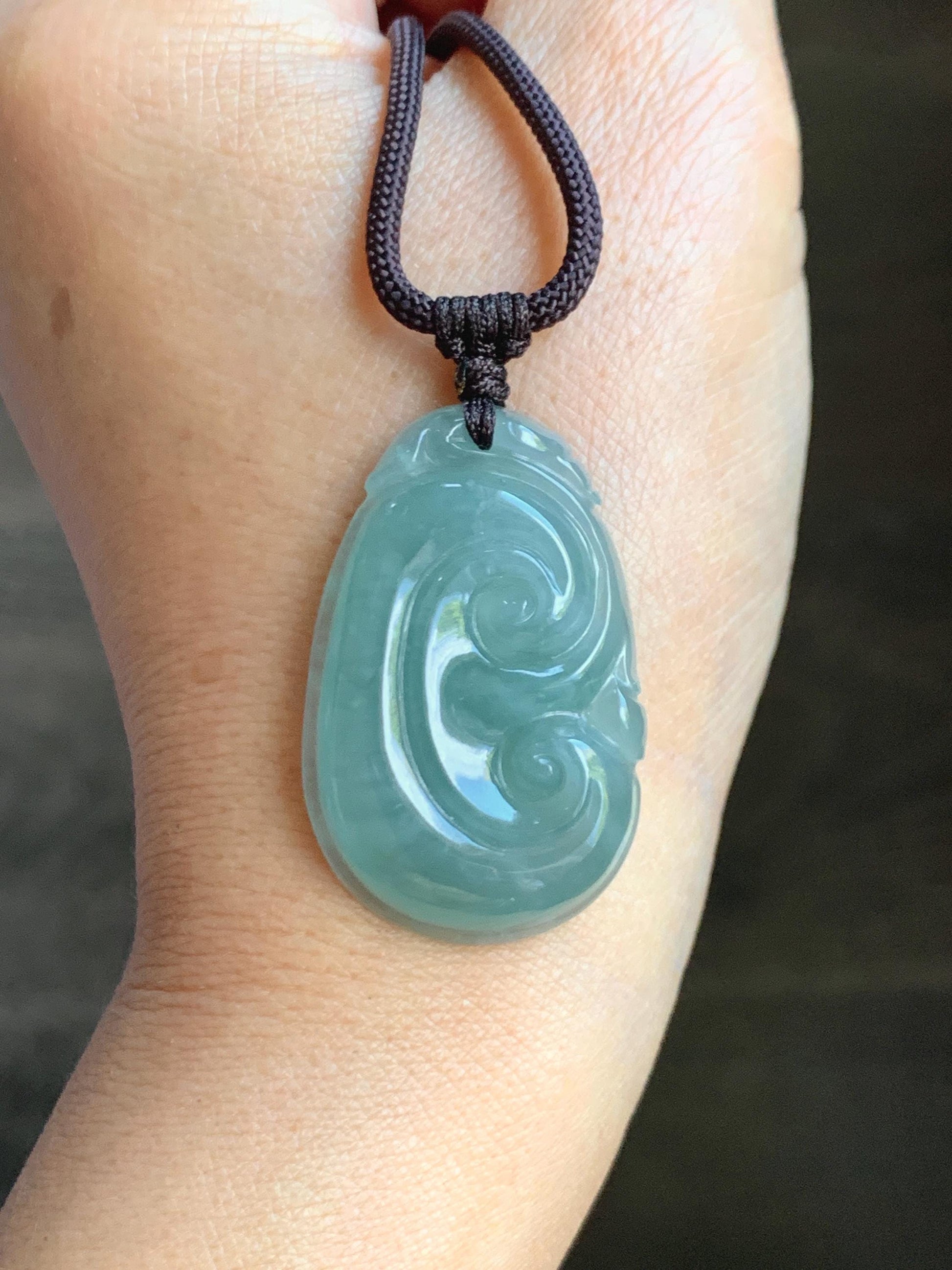 Natural Grade A Guatemalan Icy Translucent Teal Jade Jadeite Large Ruyi Pendant Rope Necklace 24" Adjustable 11g 天然冰危蓝绿翡翠如意吊坠 DRY330A