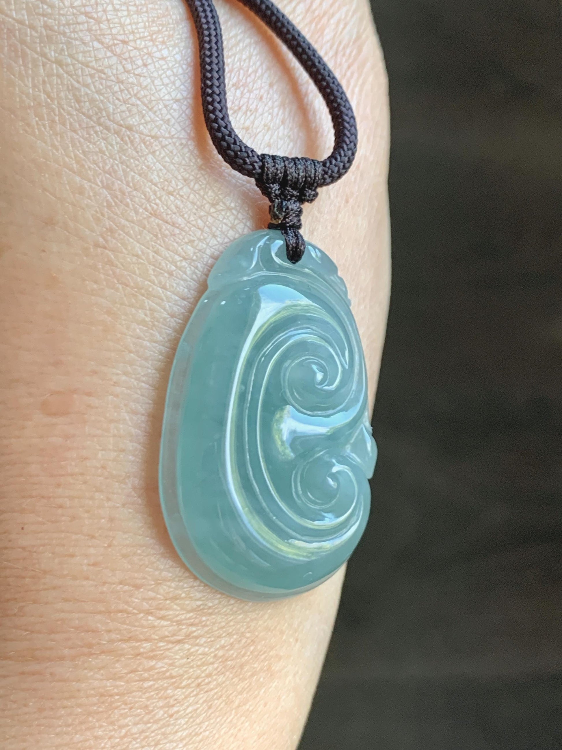 Natural Grade A Guatemalan Icy Translucent Teal Jade Jadeite Large Ruyi Pendant Rope Necklace 24" Adjustable 11g 天然冰危蓝绿翡翠如意吊坠 DRY330A