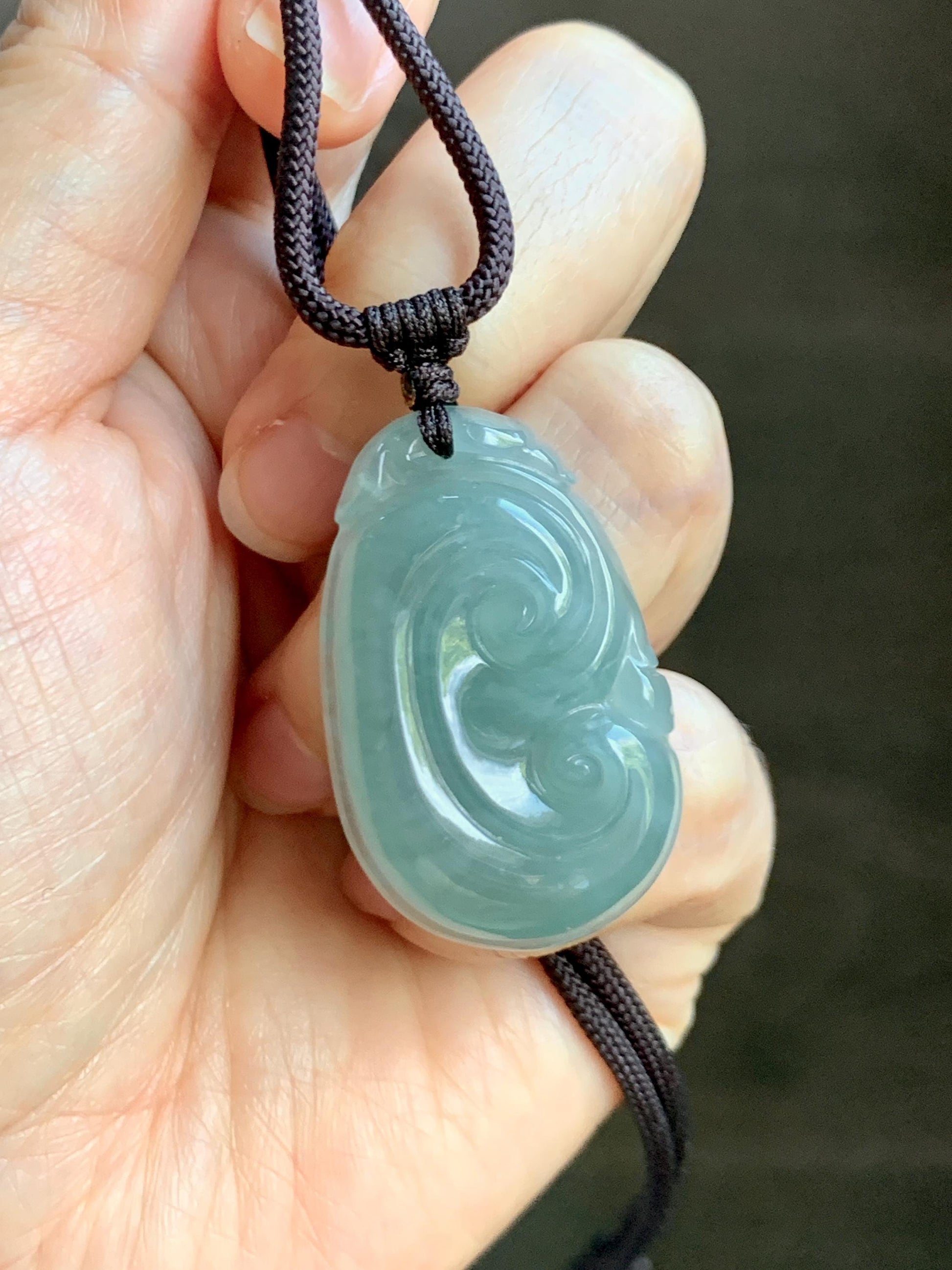 Natural Grade A Guatemalan Icy Translucent Teal Jade Jadeite Large Ruyi Pendant Rope Necklace 24" Adjustable 11g 天然冰危蓝绿翡翠如意吊坠 DRY330A