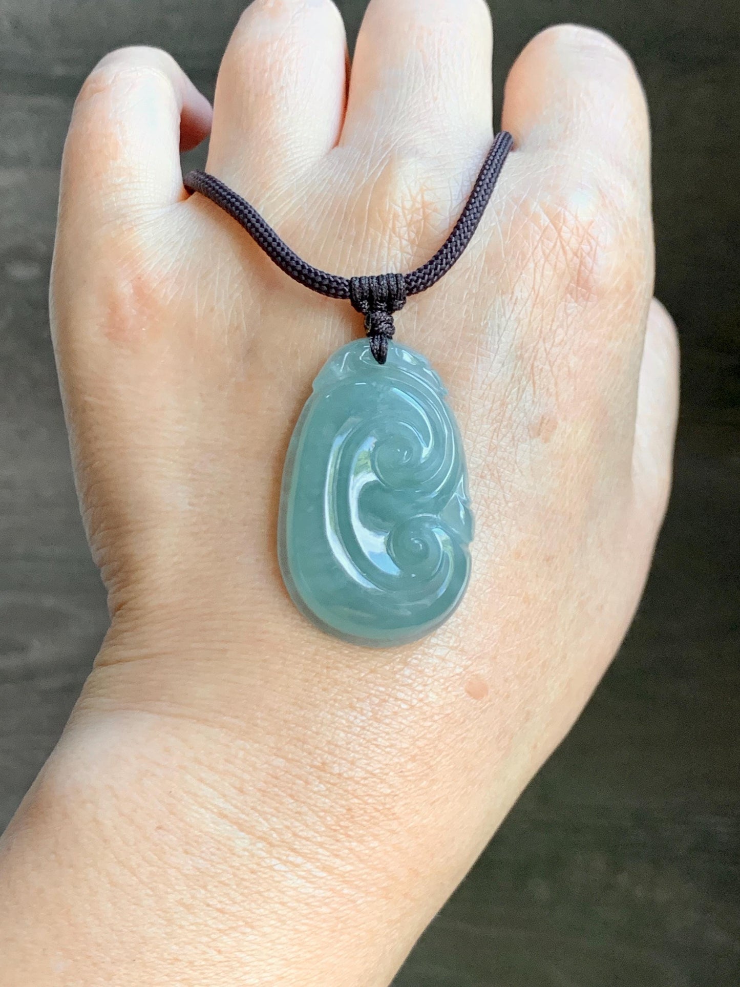 Natural Grade A Guatemalan Icy Translucent Teal Jade Jadeite Large Ruyi Pendant Rope Necklace 24" Adjustable 11g 天然冰危蓝绿翡翠如意吊坠 DRY330A