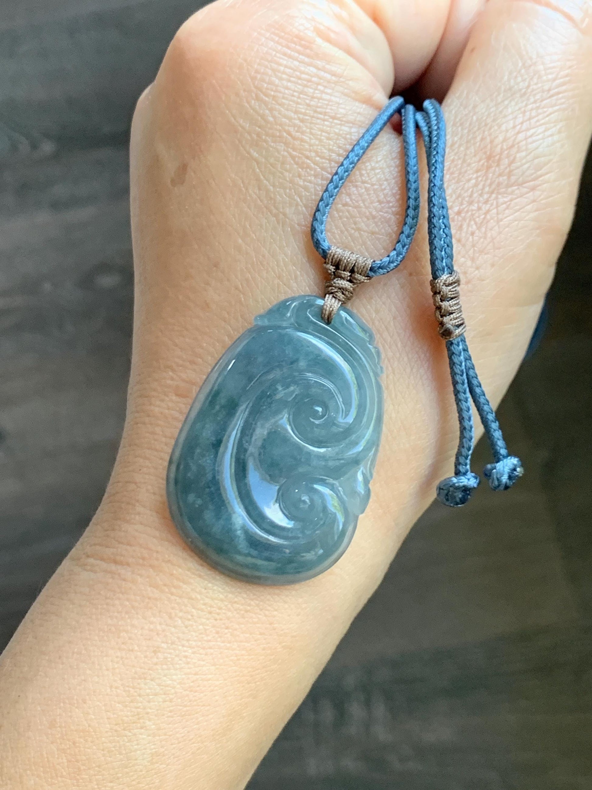 Natural Grade A Guatemalan Icy Translucent Dusty Blueberry Jade Jadeite Large Ruyi Pendant Rope Necklace 25" 11g 天然冰危蓝莓紫翡翠如意吊坠 DRY330B