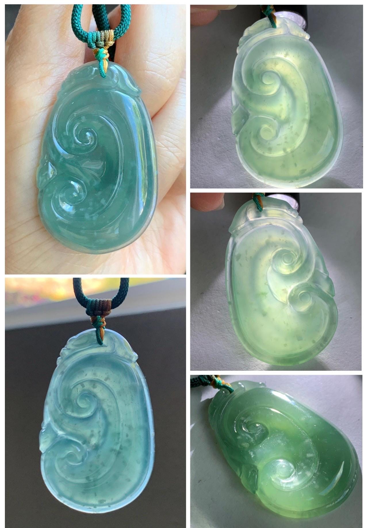 Natural Grade A Guatemalan Icy Translucent Dark Teal Jade Jadeite Large Ruyi Pendant Rope Necklace 27.5" Adjustable 天然冰危深蓝绿翡翠如意吊坠 DRY330C