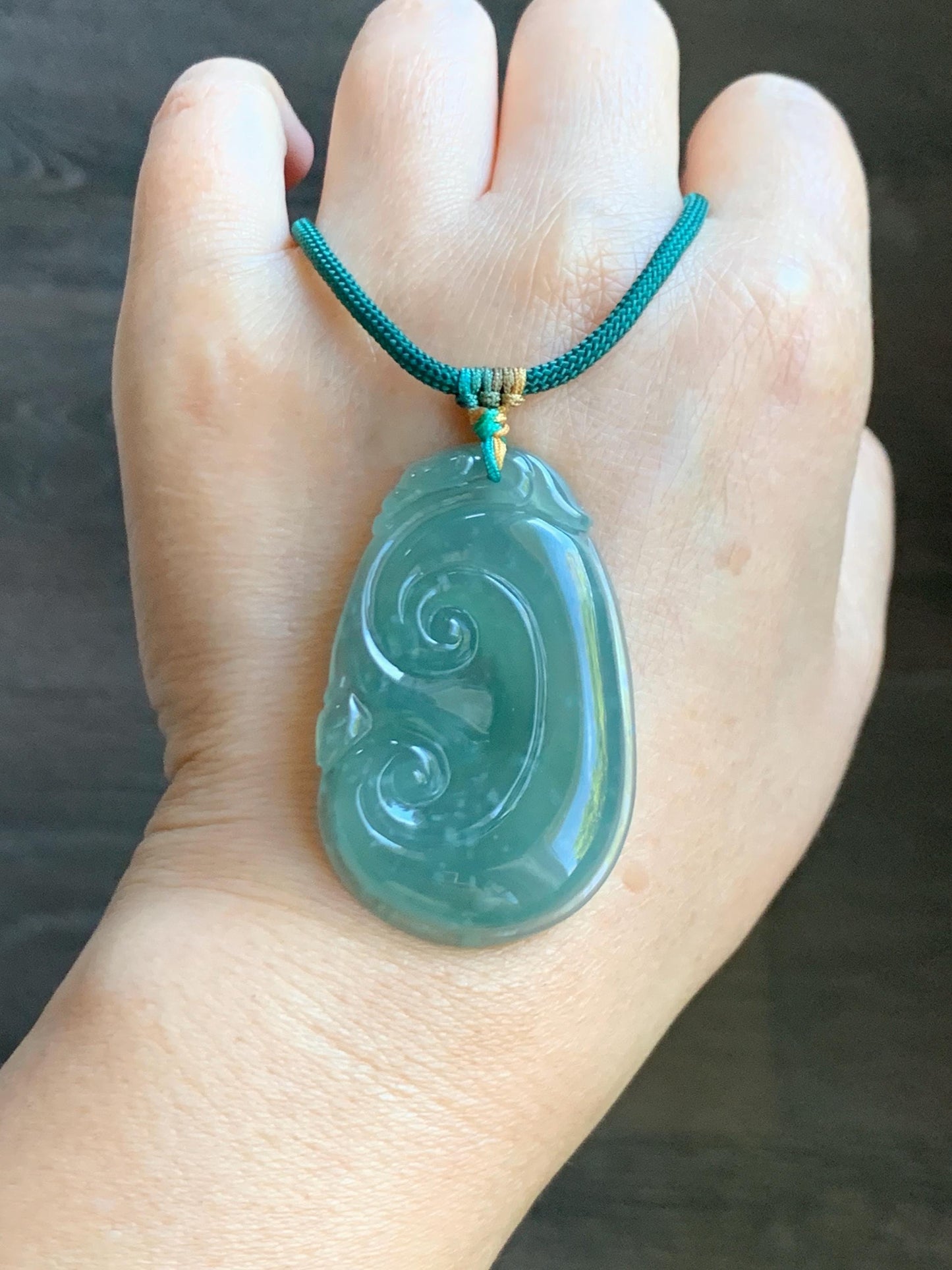 Natural Grade A Guatemalan Icy Translucent Dark Teal Jade Jadeite Large Ruyi Pendant Rope Necklace 27.5" Adjustable 天然冰危深蓝绿翡翠如意吊坠 DRY330C