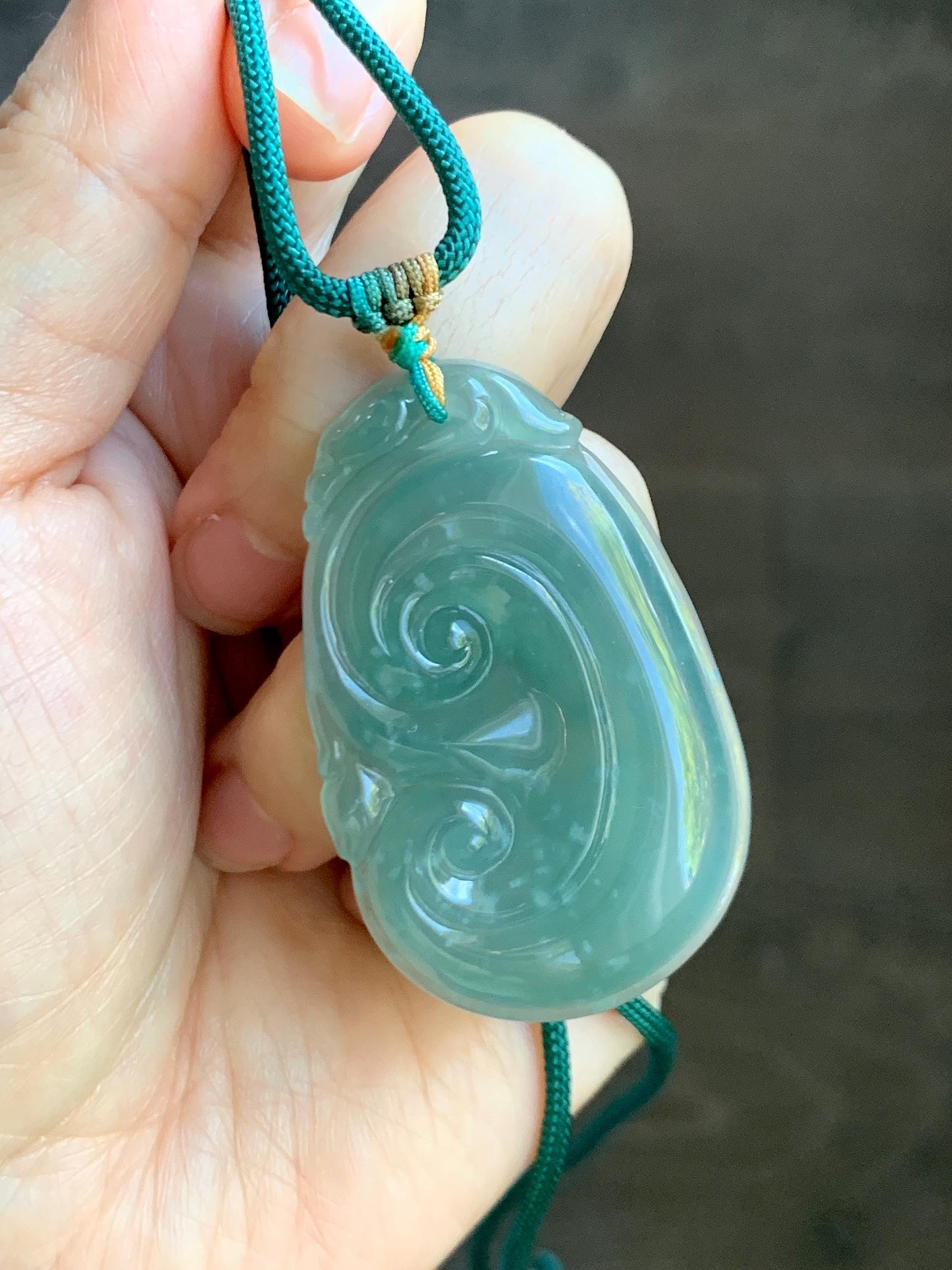 Natural Grade A Guatemalan Icy Translucent Dark Teal Jade Jadeite Large Ruyi Pendant Rope Necklace 27.5" Adjustable 天然冰危深蓝绿翡翠如意吊坠 DRY330C