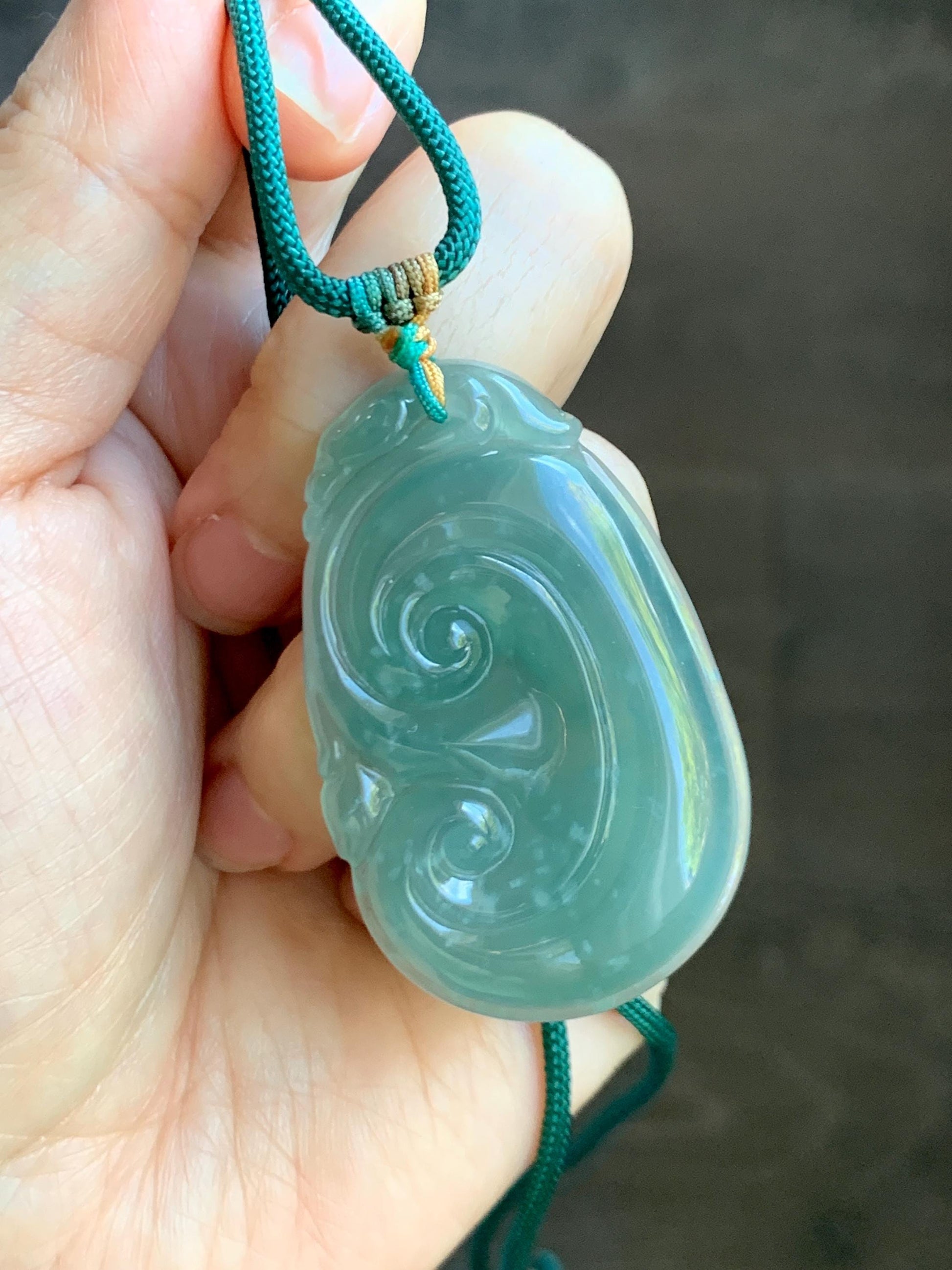 Natural Grade A Guatemalan Icy Translucent Dark Teal Jade Jadeite Large Ruyi Pendant Rope Necklace 27.5" Adjustable 天然冰危深蓝绿翡翠如意吊坠 DRY330C