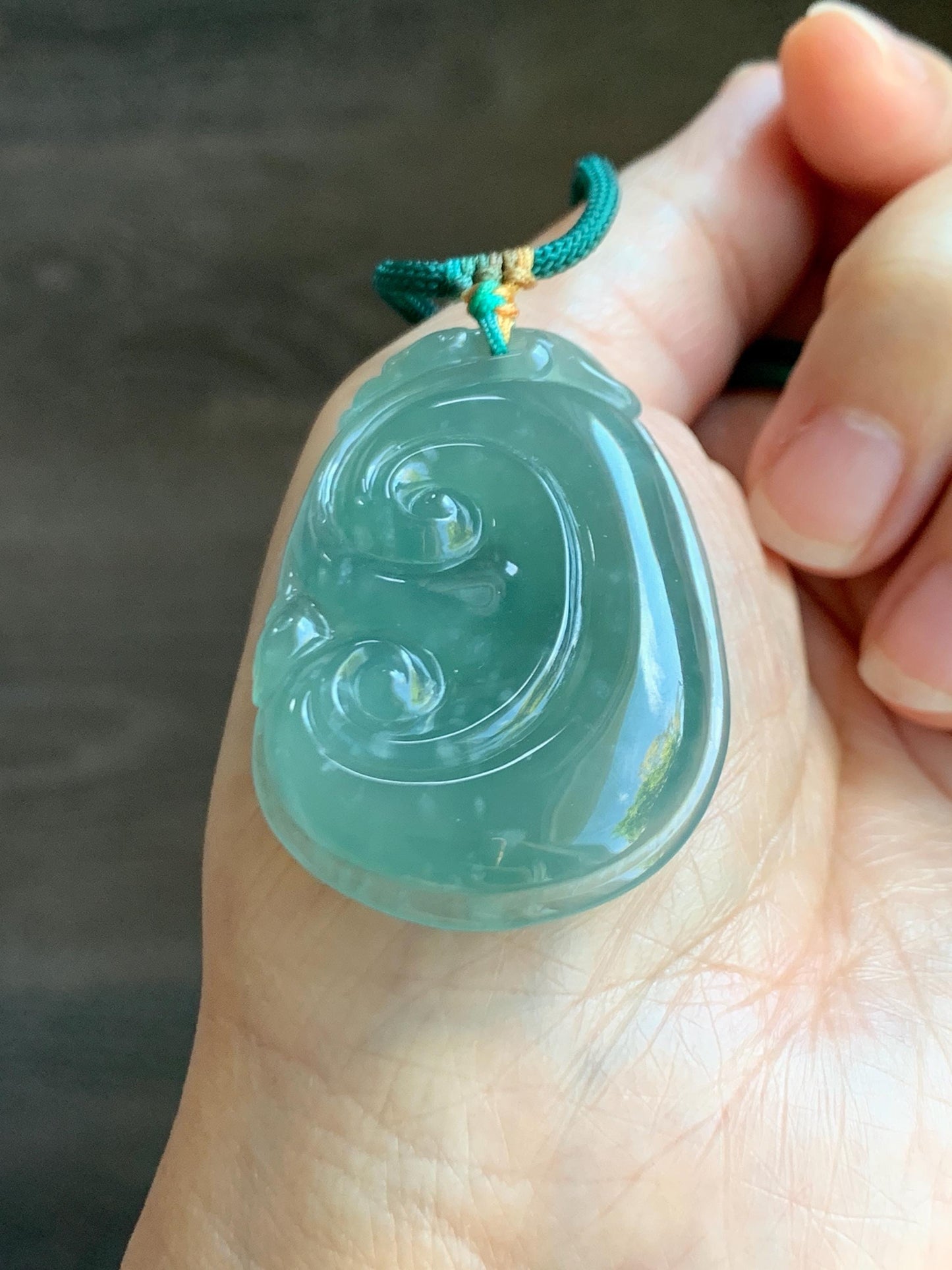 Natural Grade A Guatemalan Icy Translucent Dark Teal Jade Jadeite Large Ruyi Pendant Rope Necklace 27.5" Adjustable 天然冰危深蓝绿翡翠如意吊坠 DRY330C