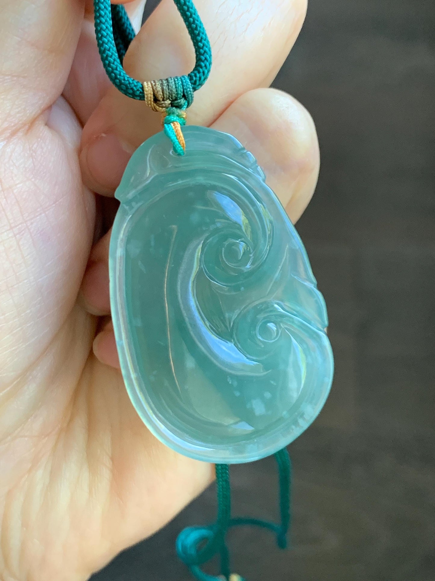 Natural Grade A Guatemalan Icy Translucent Dark Teal Jade Jadeite Large Ruyi Pendant Rope Necklace 27.5" Adjustable 天然冰危深蓝绿翡翠如意吊坠 DRY330C