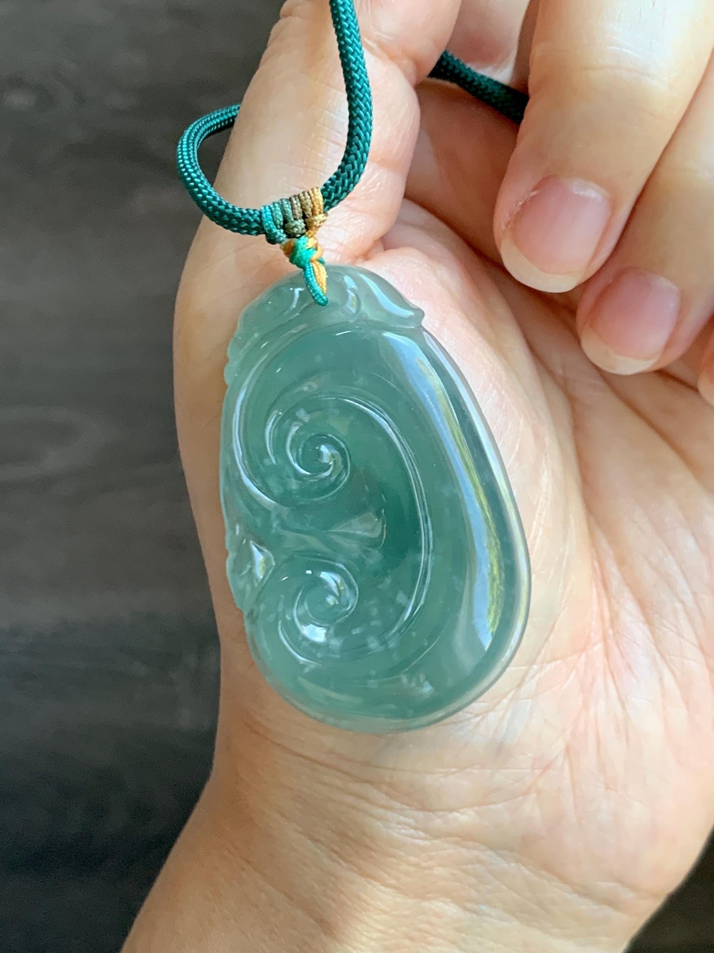 Natural Grade A Guatemalan Icy Translucent Dark Teal Jade Jadeite Large Ruyi Pendant Rope Necklace 27.5" Adjustable 天然冰危深蓝绿翡翠如意吊坠 DRY330C