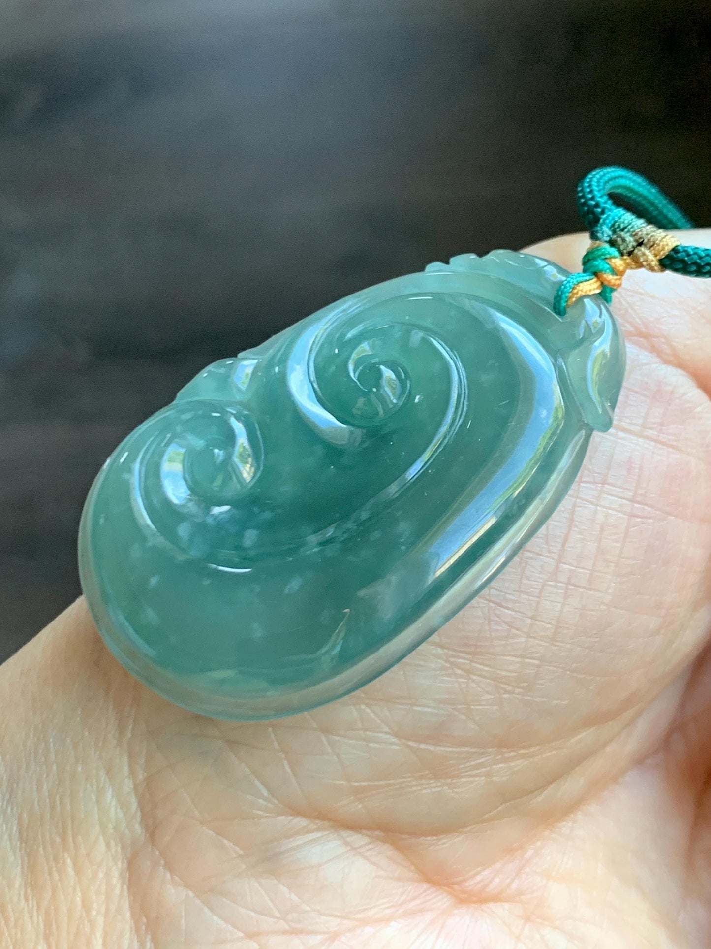 Natural Grade A Guatemalan Icy Translucent Dark Teal Jade Jadeite Large Ruyi Pendant Rope Necklace 27.5" Adjustable 天然冰危深蓝绿翡翠如意吊坠 DRY330C