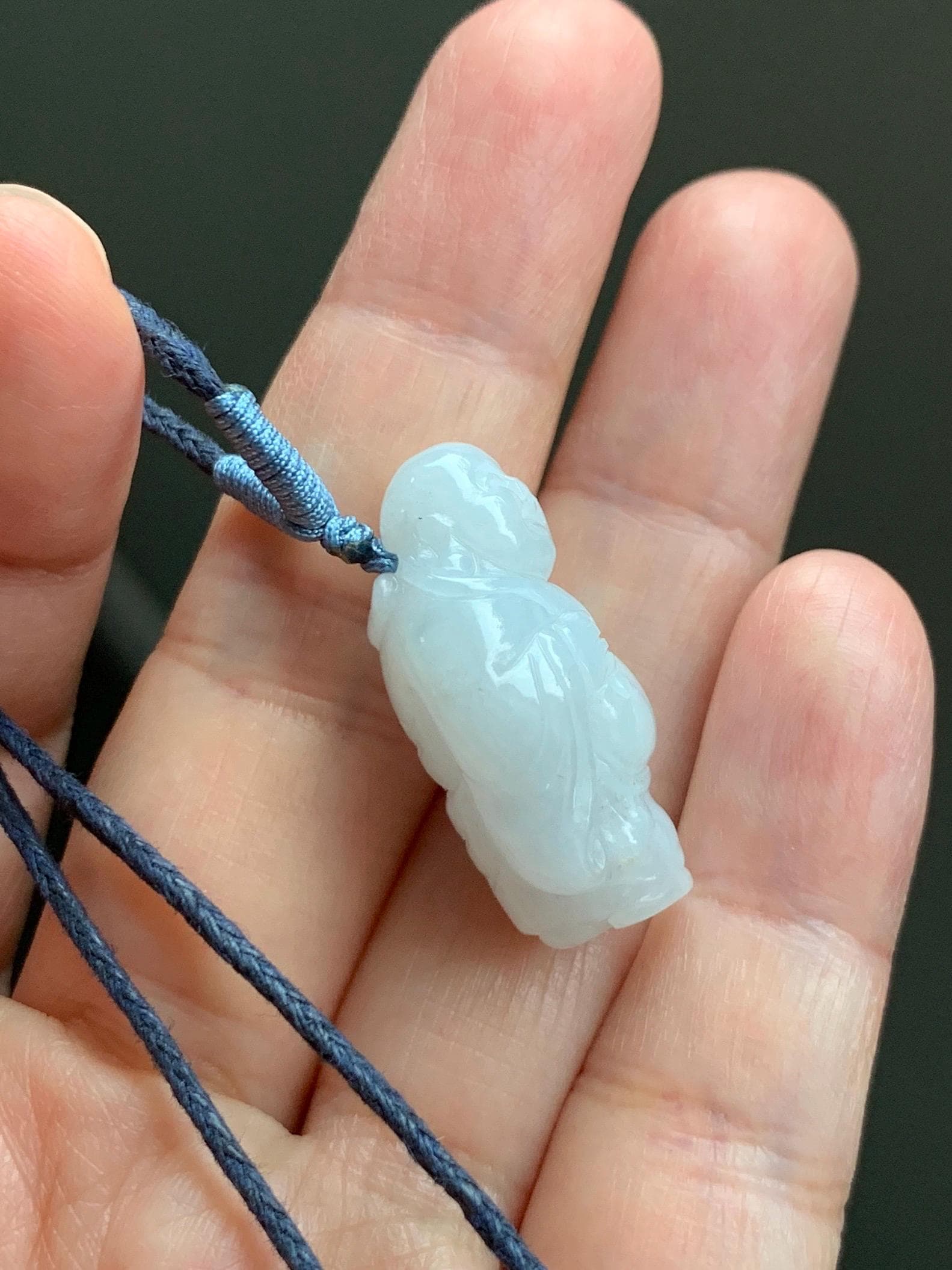 Natural Grade A Icy Translucent White Pastel Blue Undertone Jade Jadeite XiaoYao Buddha Pendant Rope Necklace 26” 9g 天然冰细糯浅蓝底翡翠逍遥佛公吊坠 XYF80A