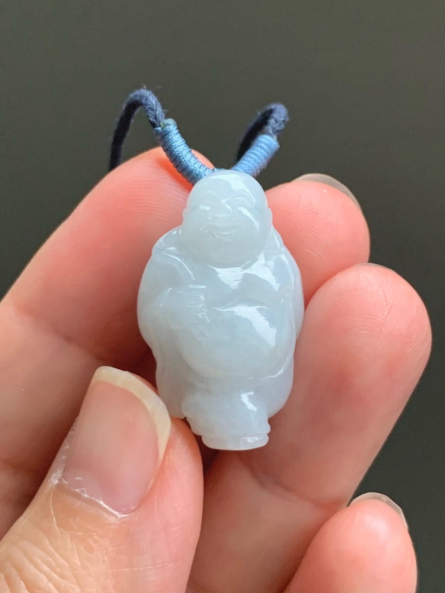 Natural Grade A Icy Translucent White Pastel Blue Undertone Jade Jadeite XiaoYao Buddha Pendant Rope Necklace 26” 9g 天然冰细糯浅蓝底翡翠逍遥佛公吊坠 XYF80A