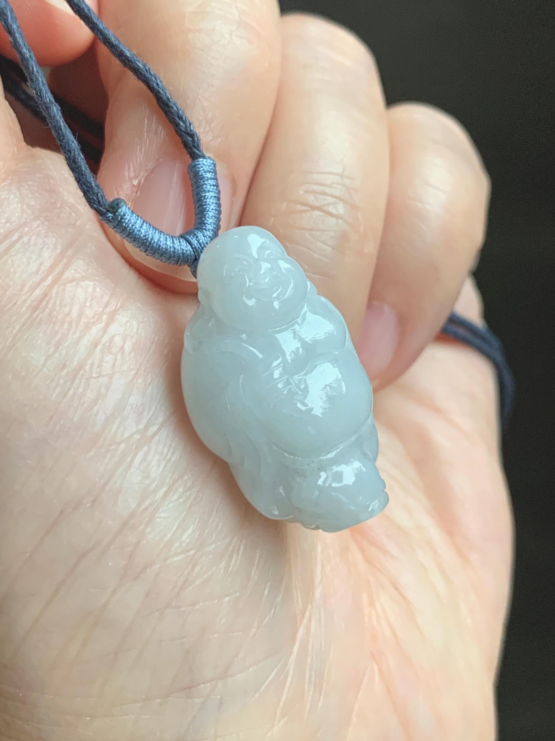 Natural Grade A Icy Translucent White Pastel Blue Undertone Jade Jadeite XiaoYao Buddha Pendant Rope Necklace 26” 9g 天然冰细糯浅蓝底翡翠逍遥佛公吊坠 XYF80A