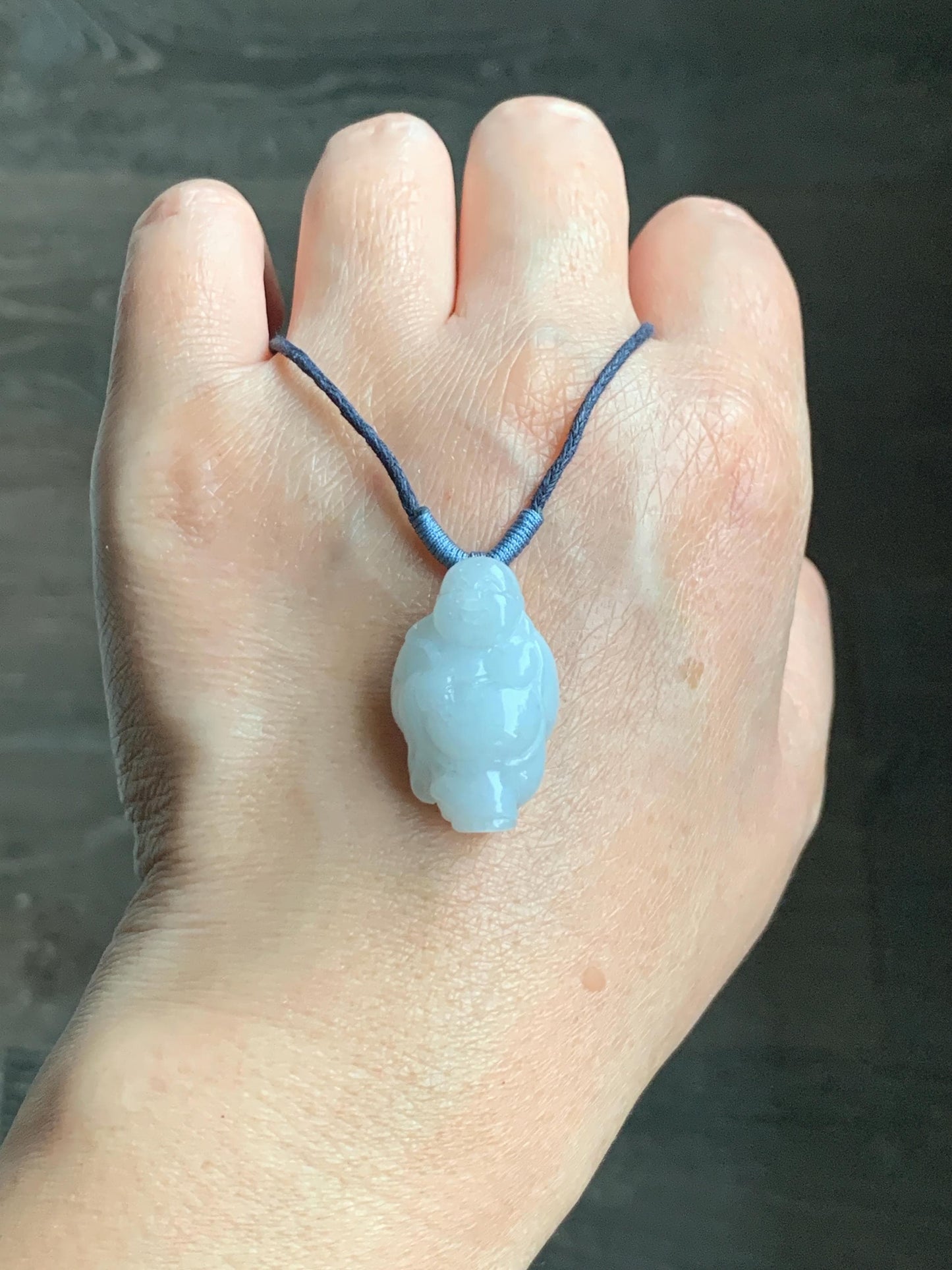 Natural Grade A Icy Translucent White Pastel Blue Undertone Jade Jadeite XiaoYao Buddha Pendant Rope Necklace 26” 9g 天然冰细糯浅蓝底翡翠逍遥佛公吊坠 XYF80A
