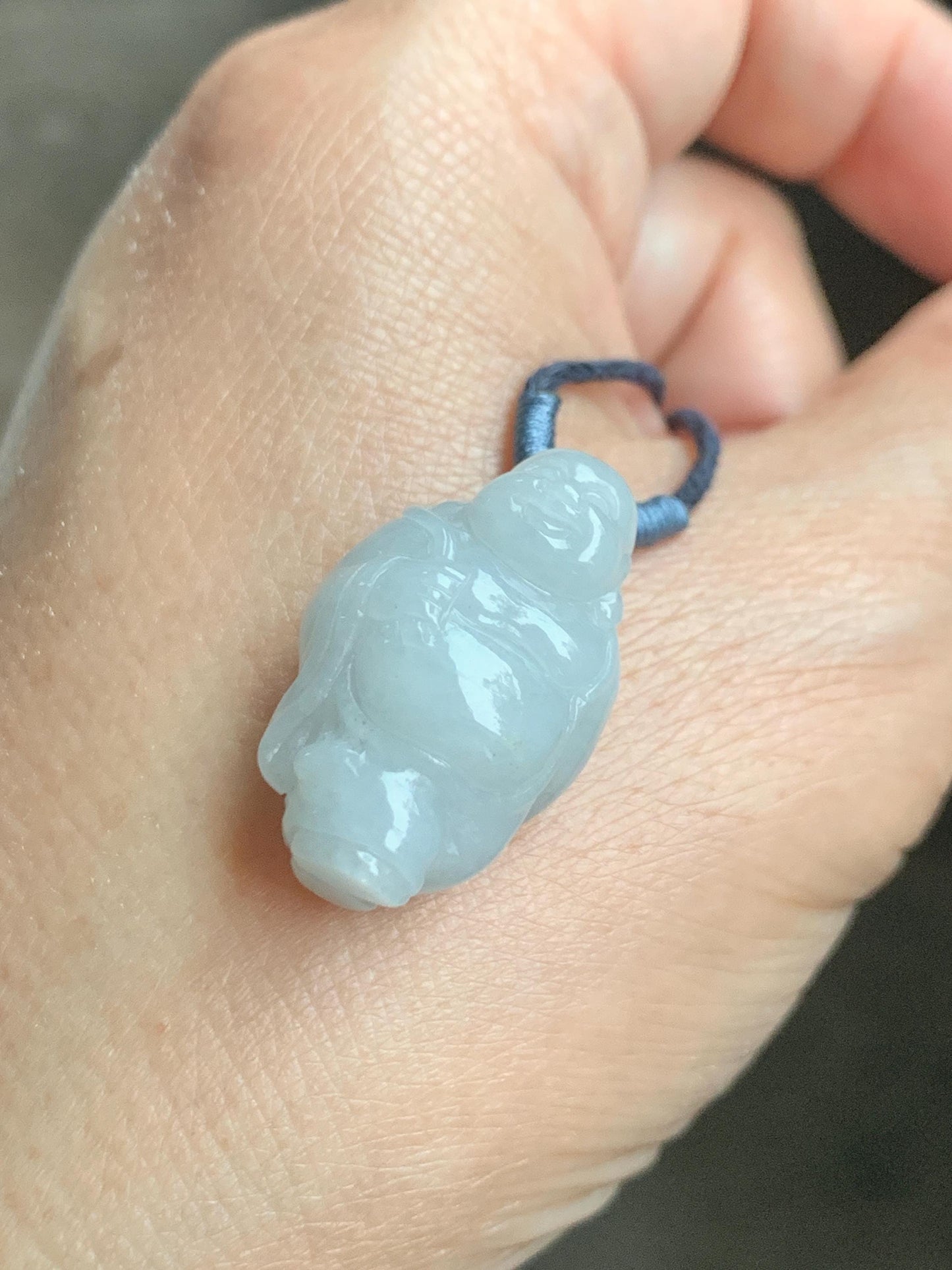 Natural Grade A Icy Translucent White Pastel Blue Undertone Jade Jadeite XiaoYao Buddha Pendant Rope Necklace 26” 9g 天然冰细糯浅蓝底翡翠逍遥佛公吊坠 XYF80A