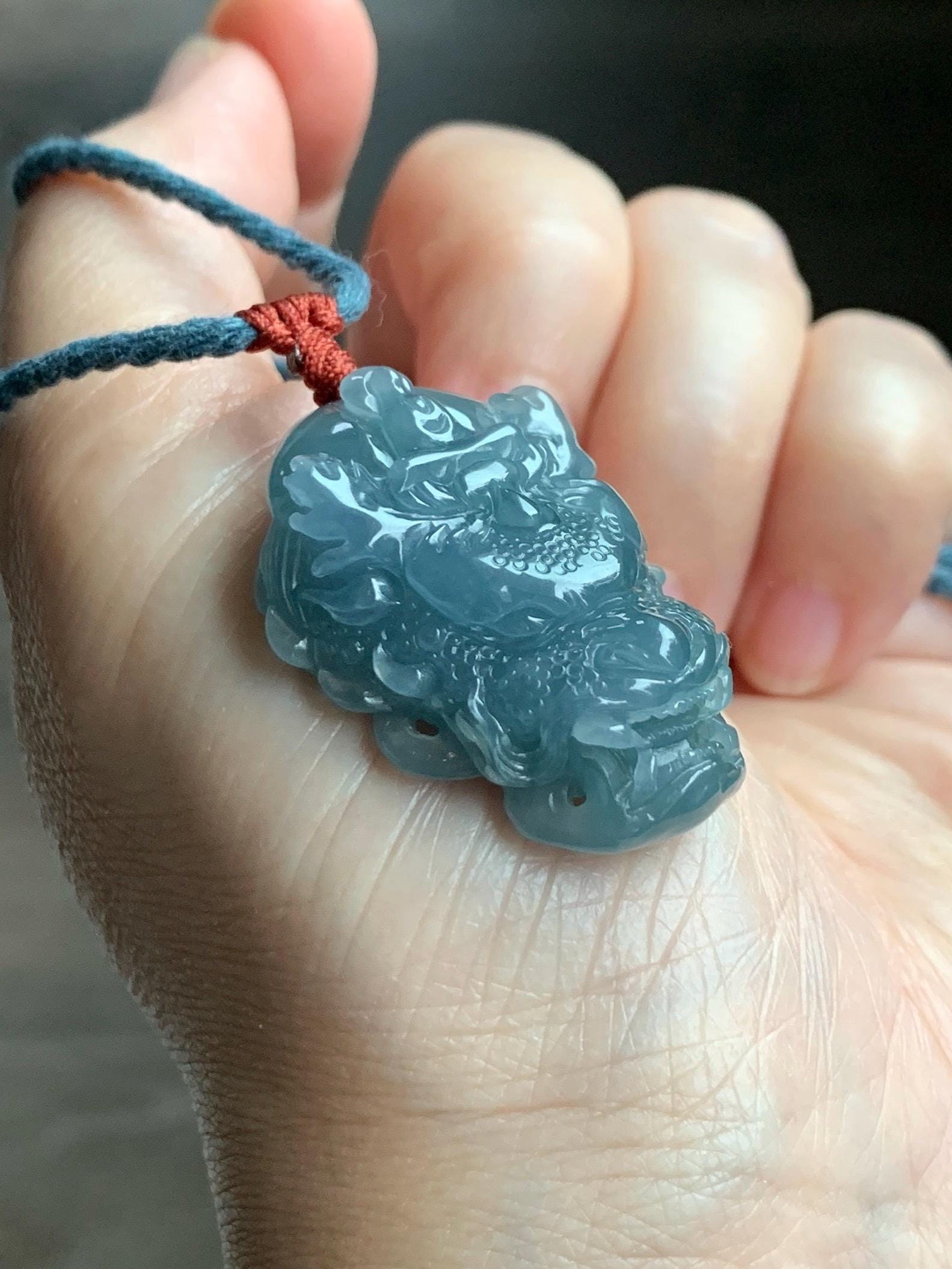 Natural Grade A Guatemalan Icy Translucent Dusty Blue Jade Jadeite Carved Dragon Wudao Pendant Rope Necklace 26" 19g 天然冰危蓝翡翠精工龙头吾道吊坠 WLL440R