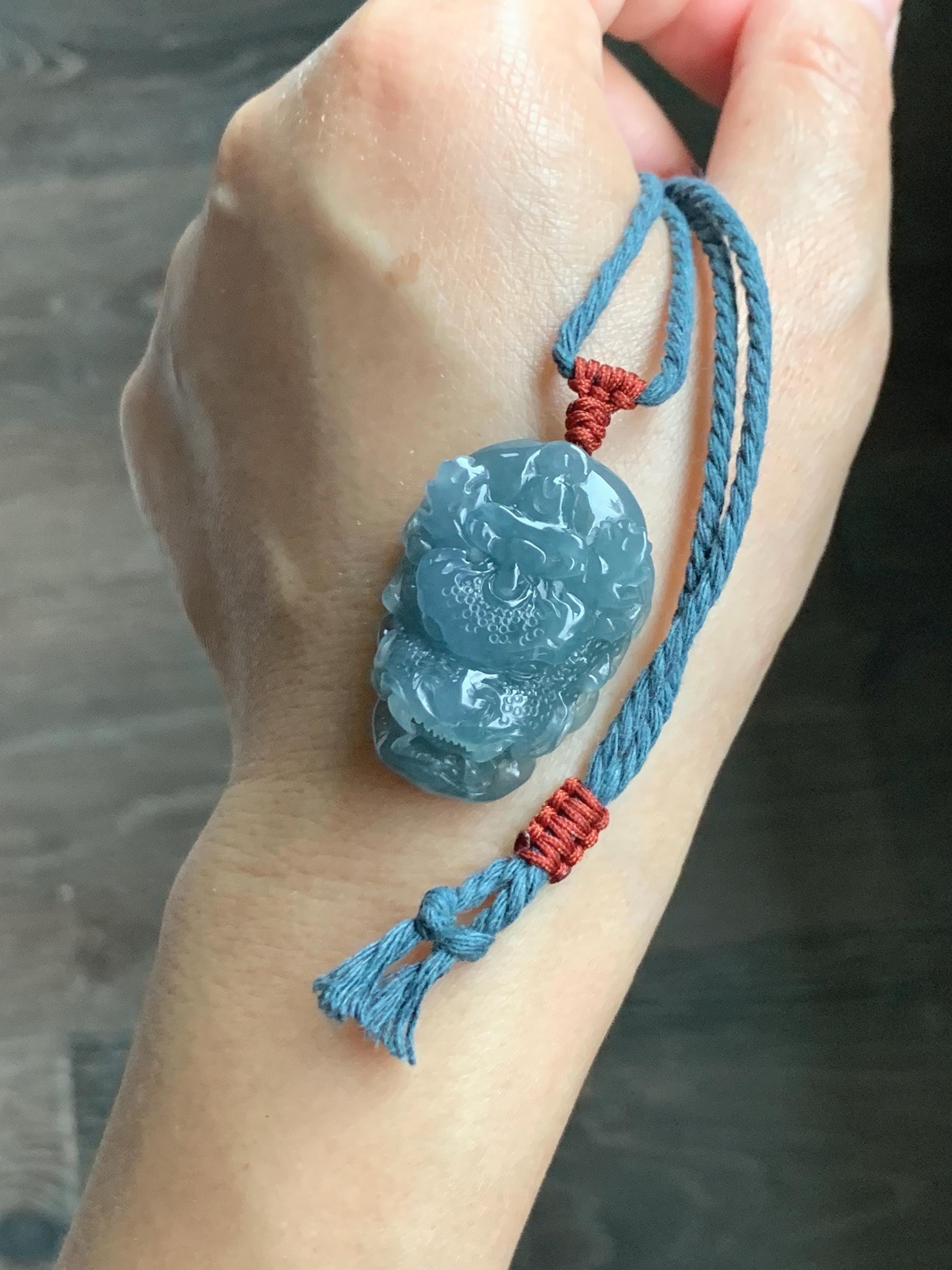 Natural Grade A Guatemalan Icy Translucent Dusty Blue Jade Jadeite Carved Dragon Wudao Pendant Rope Necklace 26" 19g 天然冰危蓝翡翠精工龙头吾道吊坠 WLL440R