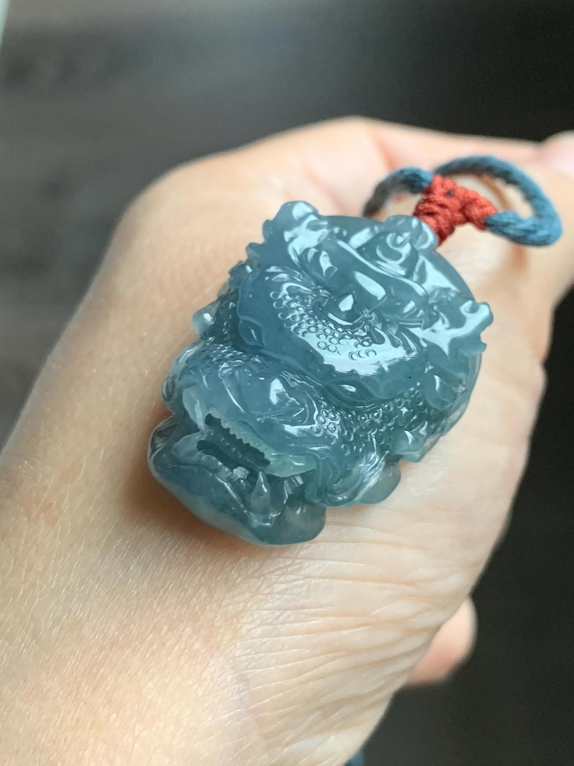 Natural Grade A Guatemalan Icy Translucent Dusty Blue Jade Jadeite Carved Dragon Wudao Pendant Rope Necklace 26" 19g 天然冰危蓝翡翠精工龙头吾道吊坠 WLL440R