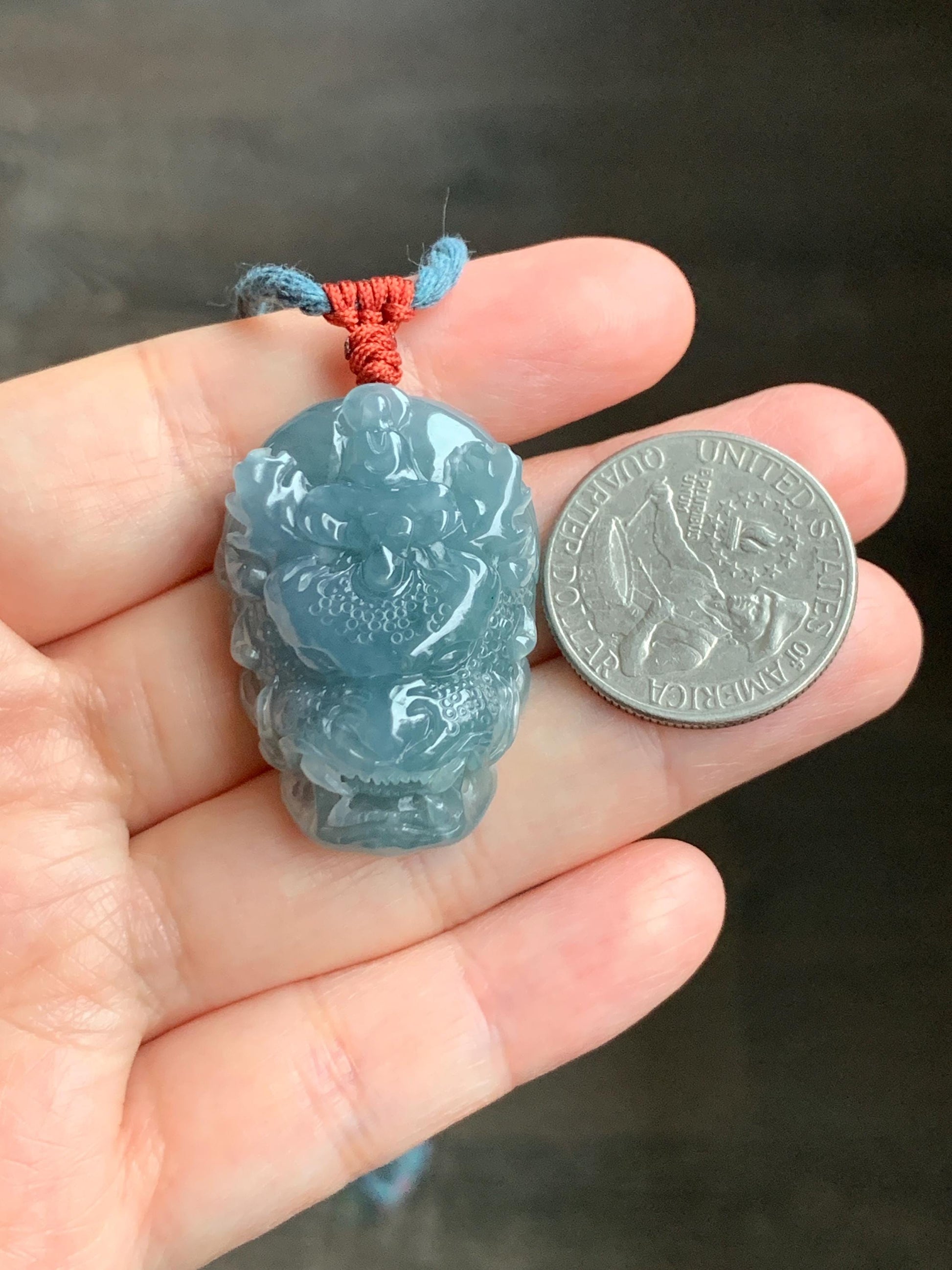 Natural Grade A Guatemalan Icy Translucent Dusty Blue Jade Jadeite Carved Dragon Wudao Pendant Rope Necklace 26" 19g 天然冰危蓝翡翠精工龙头吾道吊坠 WLL440R