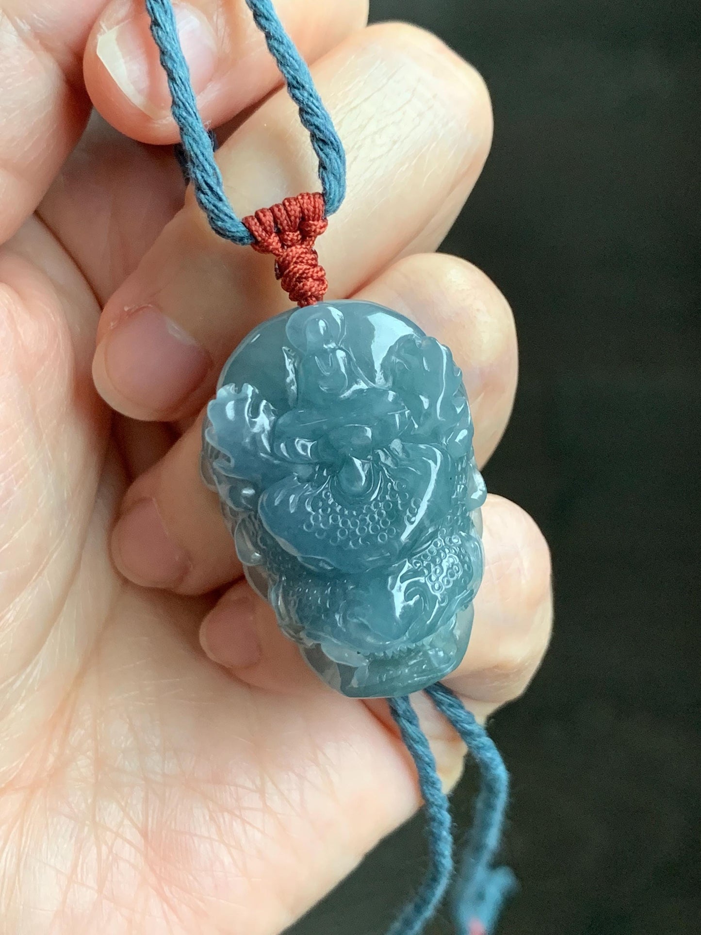Natural Grade A Guatemalan Icy Translucent Dusty Blue Jade Jadeite Carved Dragon Wudao Pendant Rope Necklace 26" 19g 天然冰危蓝翡翠精工龙头吾道吊坠 WLL440R