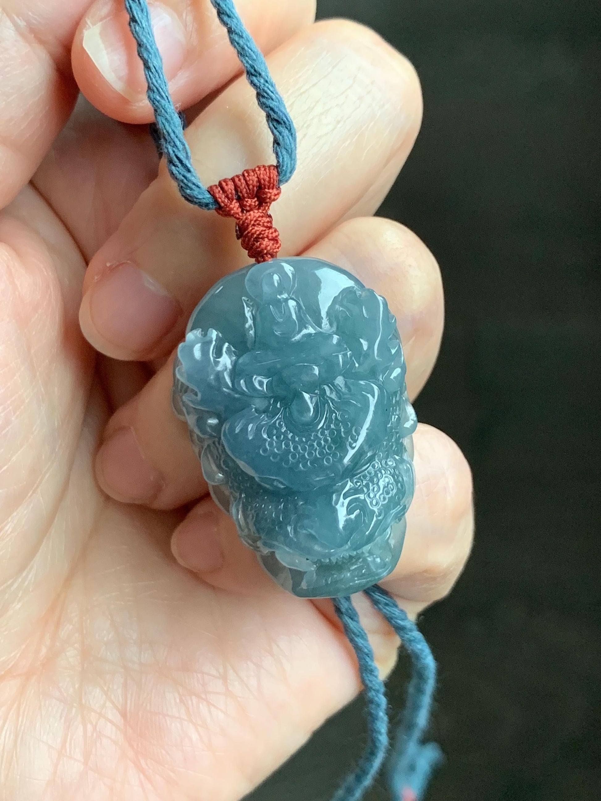 Natural Grade A Guatemalan Icy Translucent Dusty Blue Jade Jadeite Carved Dragon Wudao Pendant Rope Necklace 26" 19g 天然冰危蓝翡翠精工龙头吾道吊坠 WLL440R