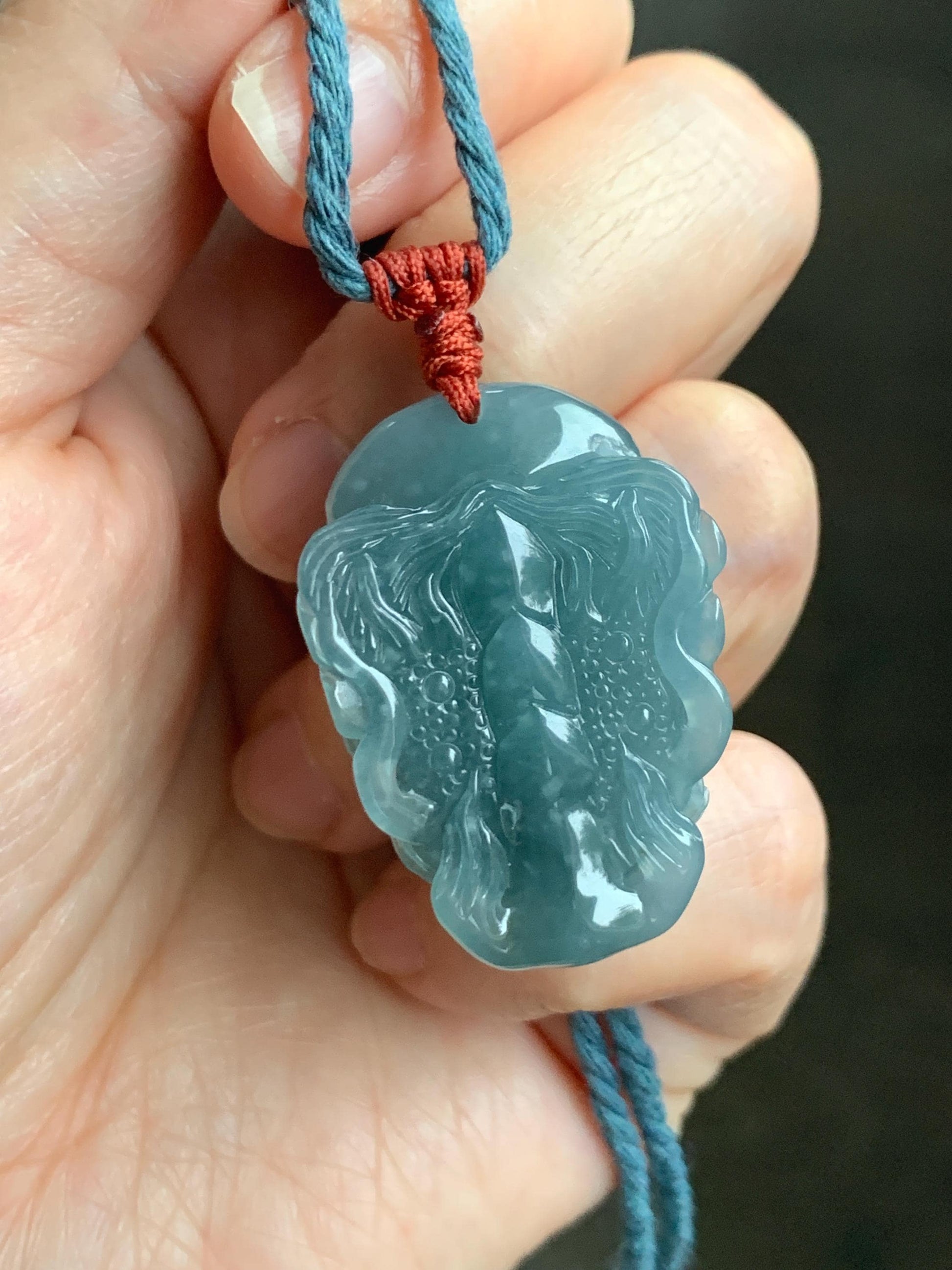 Natural Grade A Guatemalan Icy Translucent Dusty Blue Jade Jadeite Carved Dragon Wudao Pendant Rope Necklace 26" 19g 天然冰危蓝翡翠精工龙头吾道吊坠 WLL440R