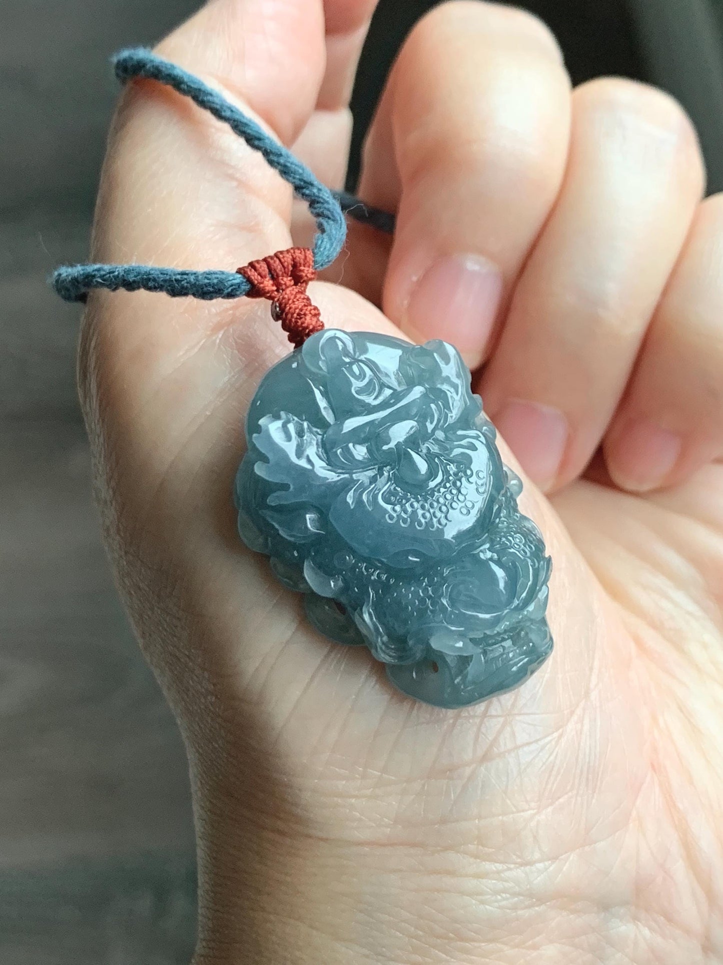 Natural Grade A Guatemalan Icy Translucent Dusty Blue Jade Jadeite Carved Dragon Wudao Pendant Rope Necklace 26" 19g 天然冰危蓝翡翠精工龙头吾道吊坠 WLL440R