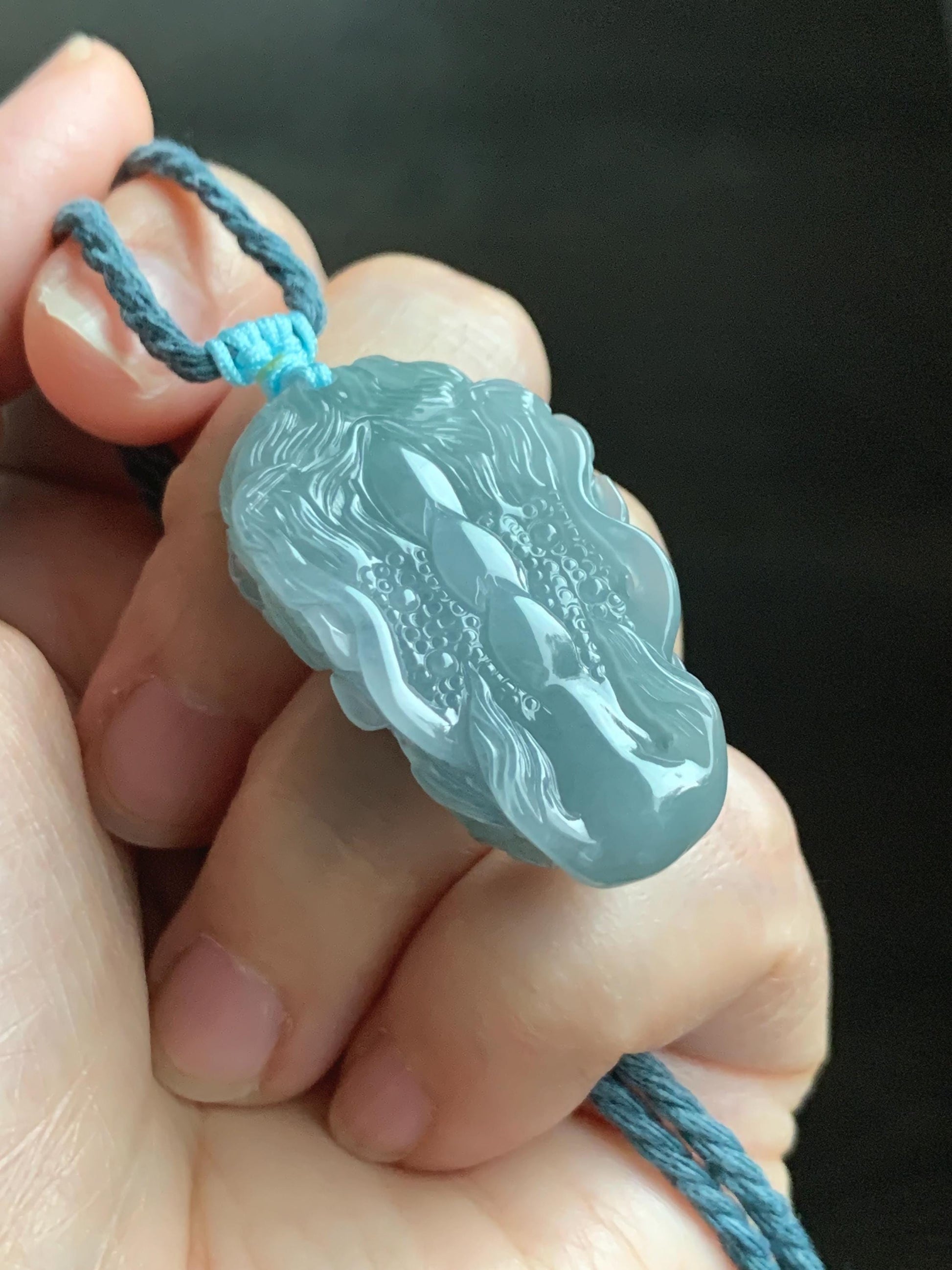 Natural Grade A Guatemalan Icy Translucent Light Dusty Blue Jade Jadeite Carved Dragon Pendant Rope Necklace 26" 18g 天然冰危蓝翡翠精工龙头吾道吊坠 WLL440L