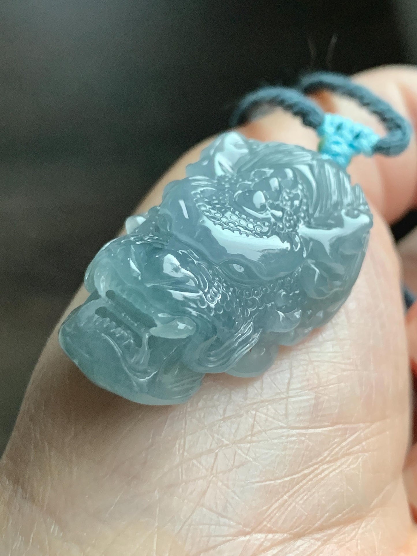 Natural Grade A Guatemalan Icy Translucent Light Dusty Blue Jade Jadeite Carved Dragon Pendant Rope Necklace 26" 18g 天然冰危蓝翡翠精工龙头吾道吊坠 WLL440L