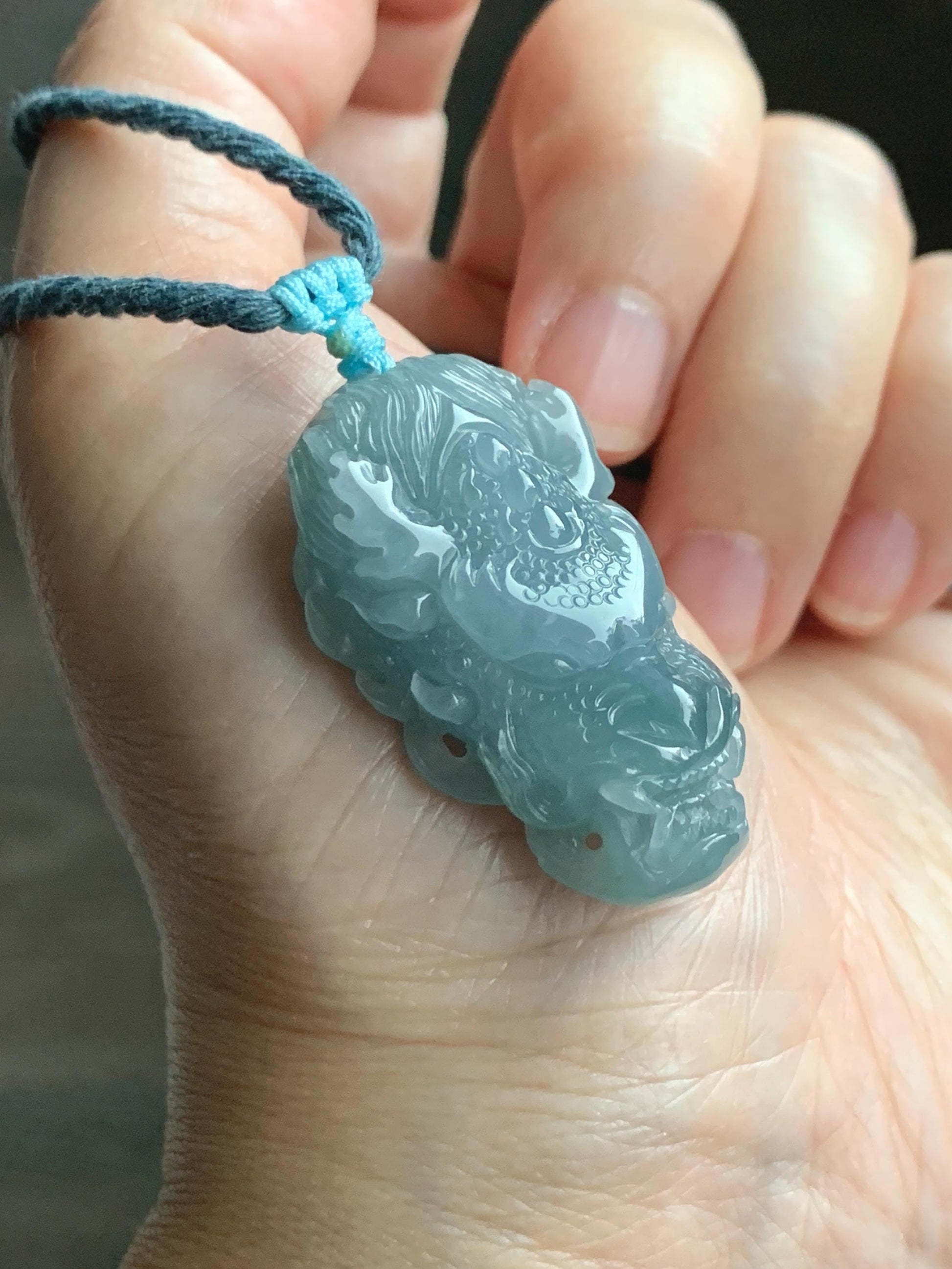 Natural Grade A Guatemalan Icy Translucent Light Dusty Blue Jade Jadeite Carved Dragon Pendant Rope Necklace 26" 18g 天然冰危蓝翡翠精工龙头吾道吊坠 WLL440L