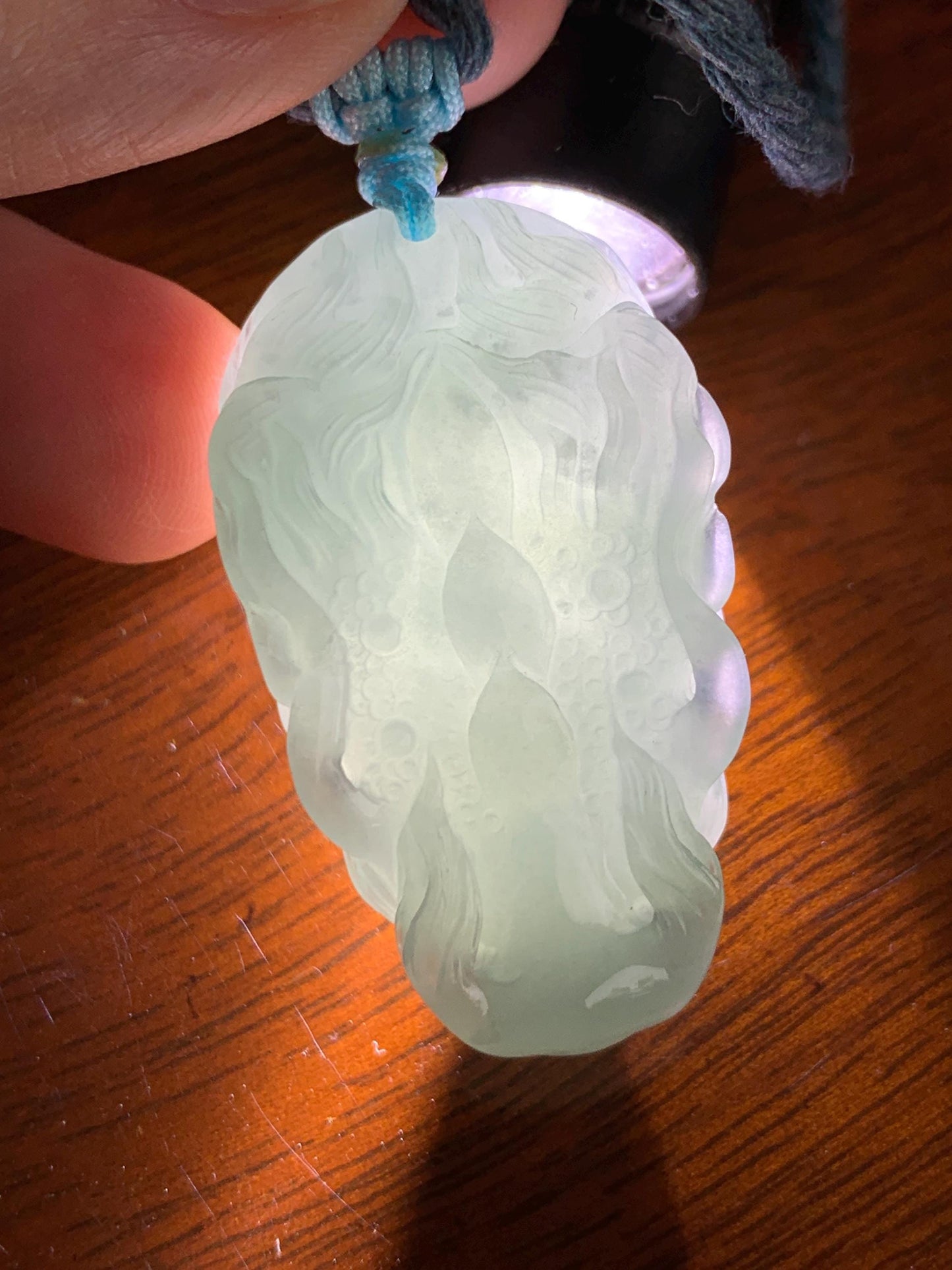Natural Grade A Guatemalan Icy Translucent Light Dusty Blue Jade Jadeite Carved Dragon Pendant Rope Necklace 26" 18g 天然冰危蓝翡翠精工龙头吾道吊坠 WLL440L