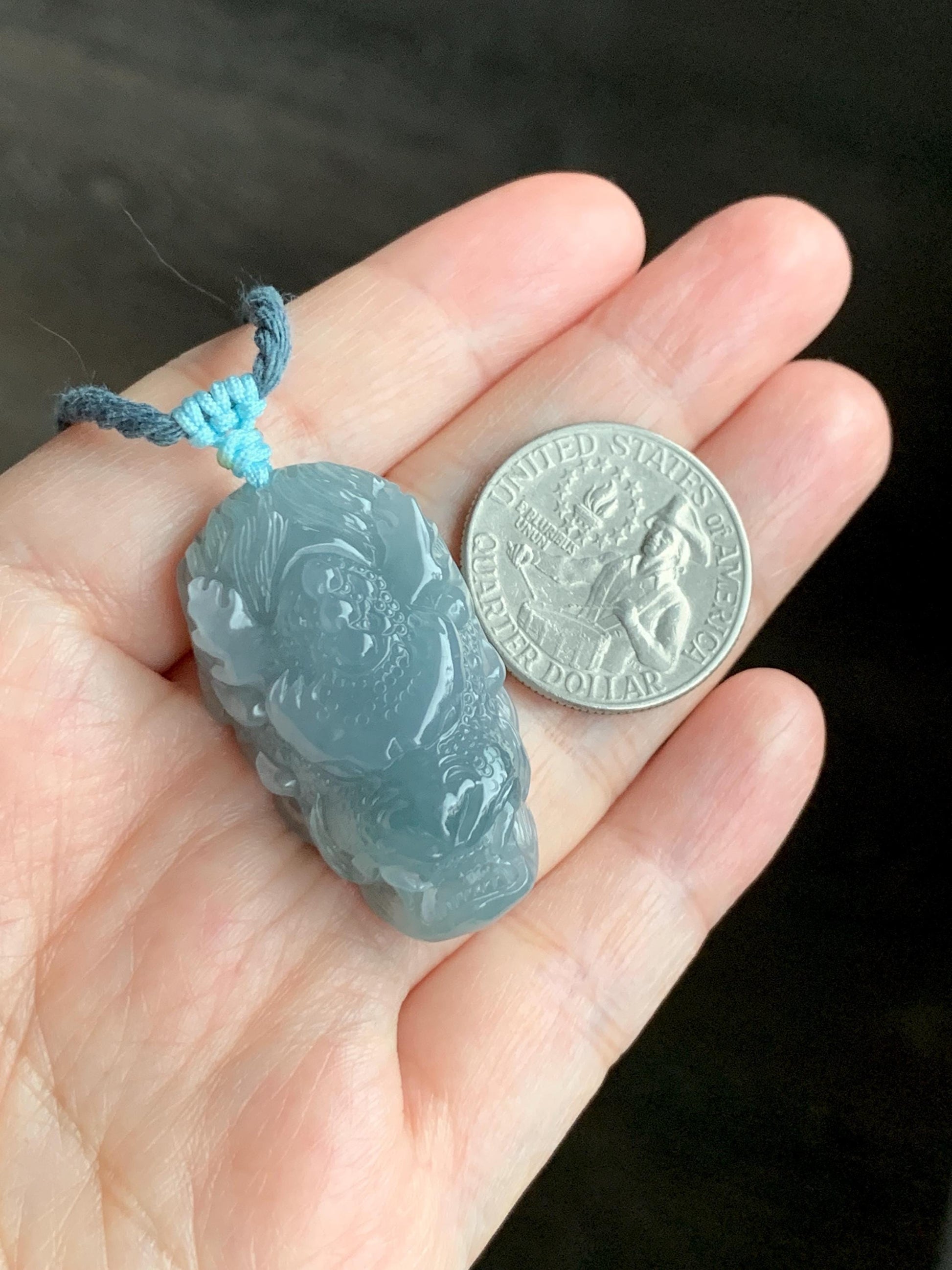 Natural Grade A Guatemalan Icy Translucent Light Dusty Blue Jade Jadeite Carved Dragon Pendant Rope Necklace 26" 18g 天然冰危蓝翡翠精工龙头吾道吊坠 WLL440L